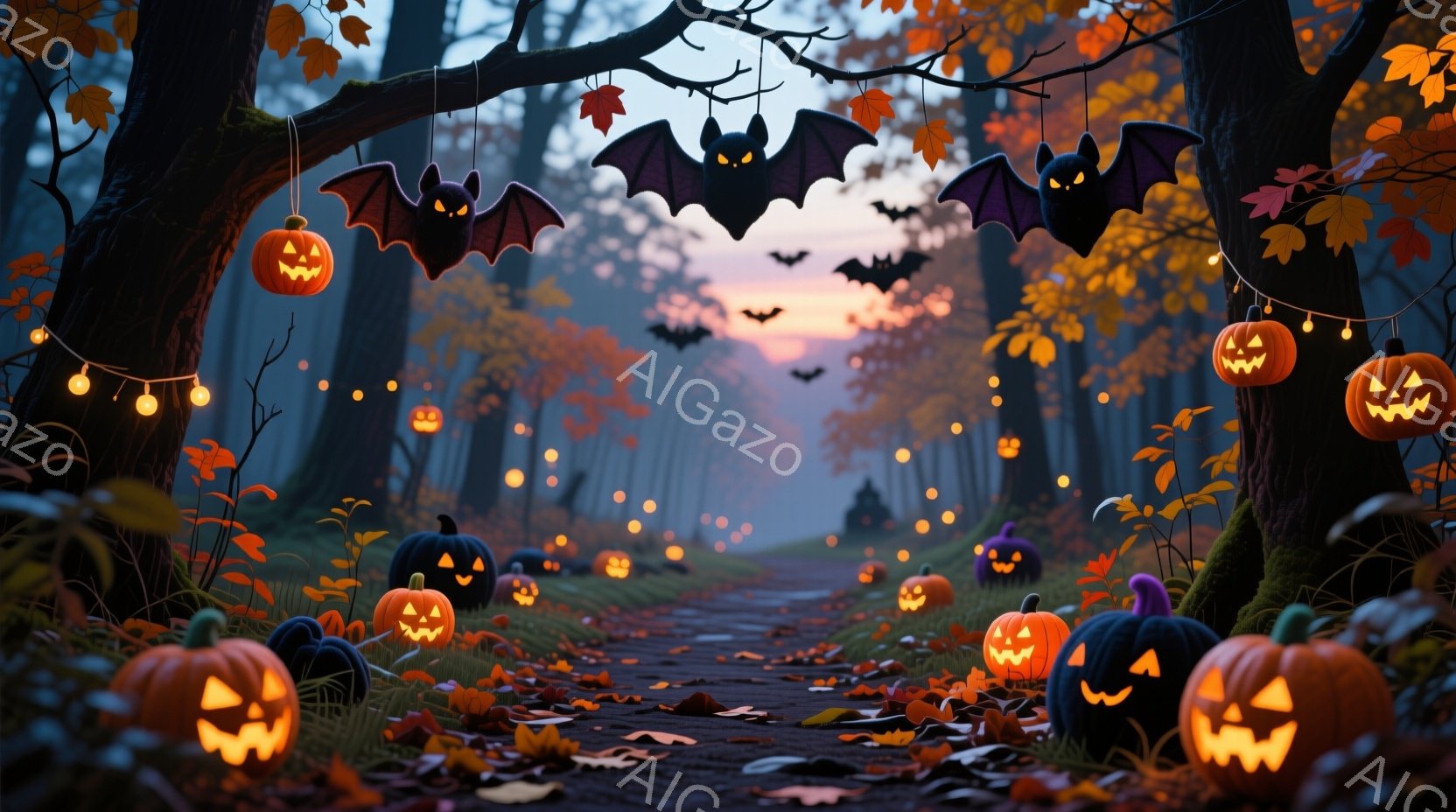 切り株や地面に並べられた様々な大きさのジャック・オ・ランタンがハロウィンの雰囲気を醸し出している。道は落ち葉で覆われ、頭上にはコウモリが舞い、背景にはぼやけた木々と夕焼けが広がっている。全体的に、幻想 - AI生成フリー素材