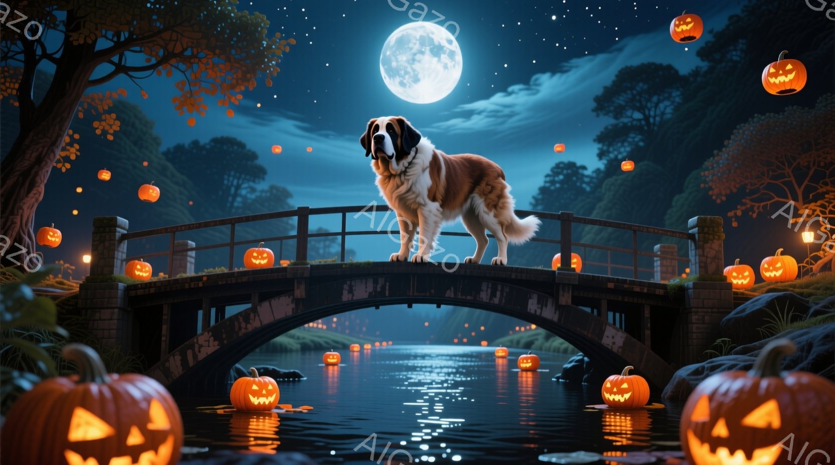 石橋の上を堂々と立つ、毛並みの美しい大型犬が印象的です。夜空には満月が輝き、橋の周りや水面にはジャック・オー・ランタンが浮かび、ハロウィーンの幻想的な雰囲気を醸し出しています。背景には木々がシルエット - AI生成フリー素材