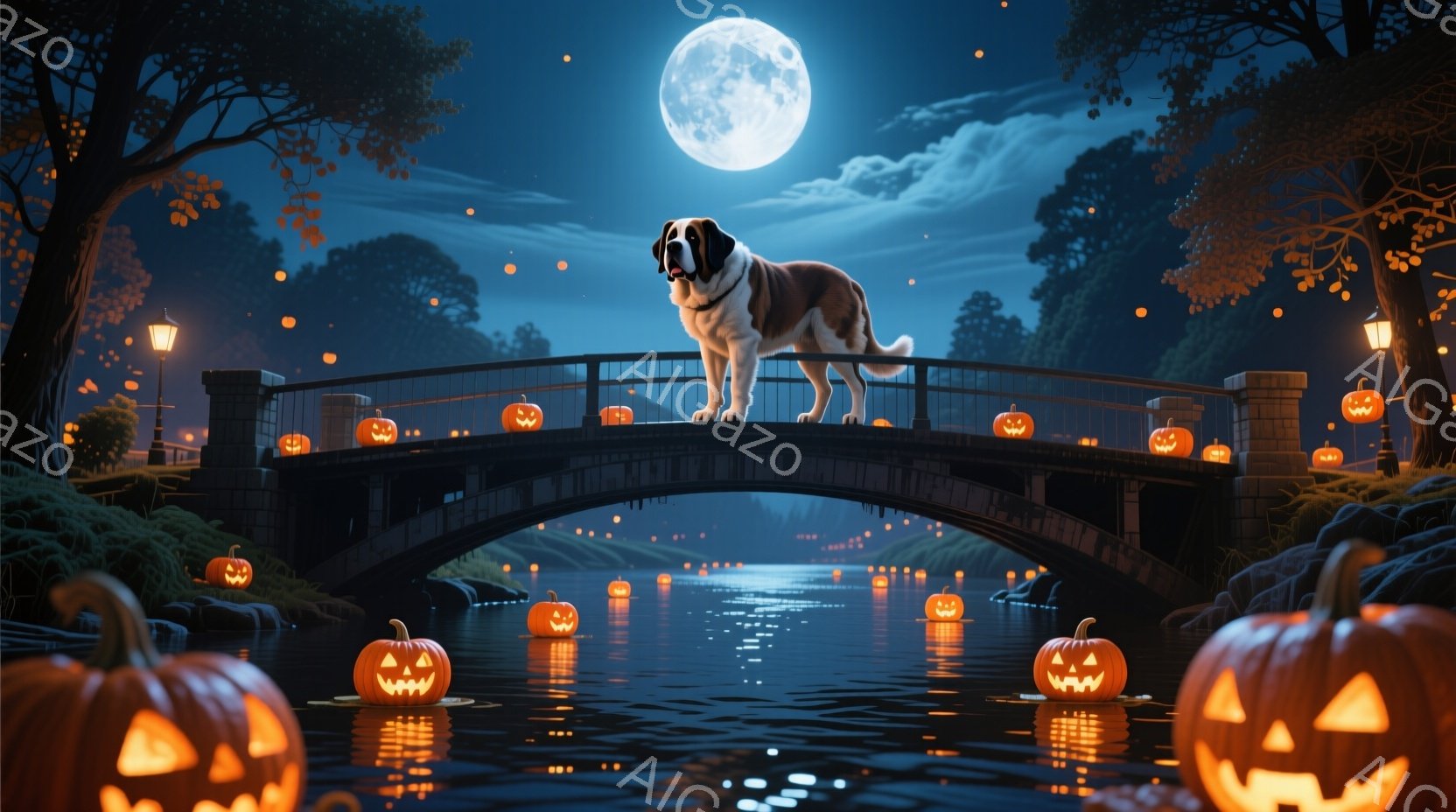 満月の夜、アーチ状の橋の上に大きな犬が堂々と立っている。橋の欄干や水面には、ハロウィーンの象徴であるジャック・オー・ランタンが並び、周囲は木々が生い茂り、神秘的な雰囲気を醸し出している。水面に反射する - AI生成フリー素材