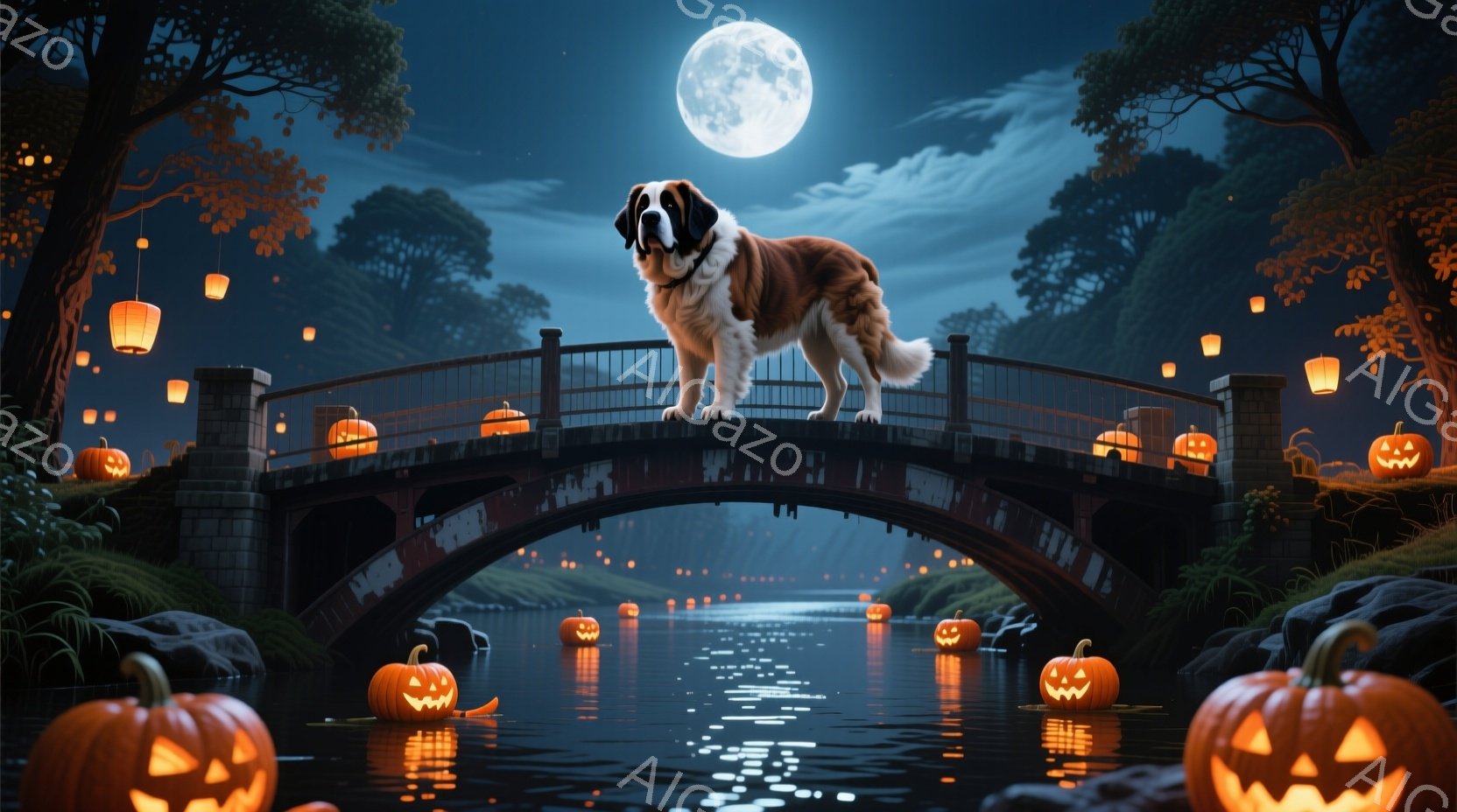 石造りのアーチ橋の上には、毛並みの美しいセントバーナード犬が堂々と立っている。橋の下の川にはたくさんのジャック・オ・ランタンが浮かび、周りの木々もハロウィーンの飾り付けで彩られ、満月の夜空が幻想的な雰囲気を醸し出している。水面に映る光と、周囲の暗闇が、神秘的で少し不気味なハロウィーンの夜を表現している。