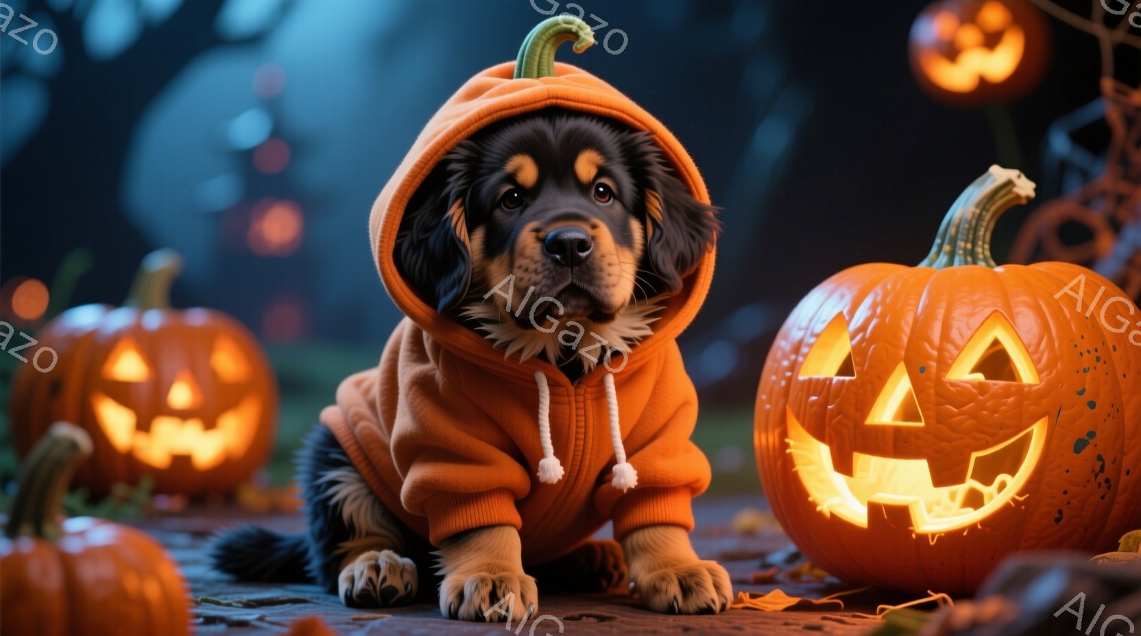 可愛らしい子犬がオレンジ色のパーカーを着て、照れくさそうにカメラ目線をしている。背景には、ジャック・オ・ランタンがいくつか並び、薄暗く不気味なハロウィンの夜を連想させる。全体的に暖かく、遊び心溢れる雰 - AI生成フリー素材