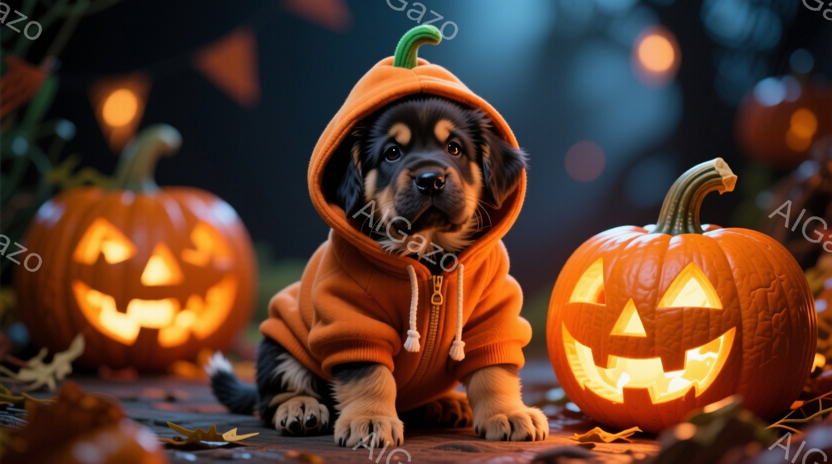 小さな子犬がオレンジ色のパーカーを着て、彫刻されたジャック・オー・ランタンに囲まれて座っています。子犬は好奇心と少しの戸惑いを込めた表情でカメラを見つめており、その姿勢は可愛らしくて愛らしいです。背景 - AI生成フリー素材