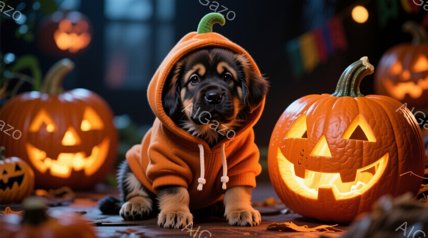 小さな子犬がハロウィーンの衣装であるオレンジ色のパーカーを着て、大きなジャック・オ・ランタンに囲まれています。子犬は前足を伸ばし、少し不安そうな表情でカメラを見つめており、周囲の明るいオレンジ色の光が - AI生成フリー素材