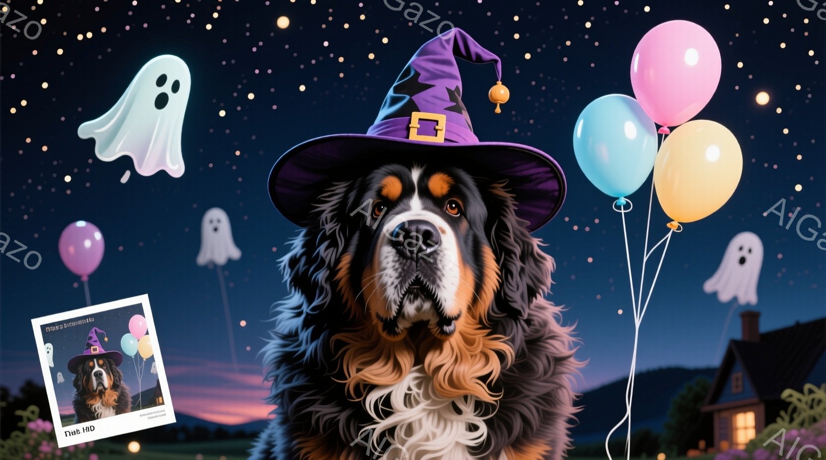 濃い茶色の毛並みを持つ大型犬が、ハロウィーンの帽子を被り、青、ピンク、黄色の風船を見つめています。背景には、夜空に浮かぶお化けや、屋根裏部屋のある家、緑の草地が広がっており、ハロウィーンの雰囲気を感じ - AI生成フリー素材