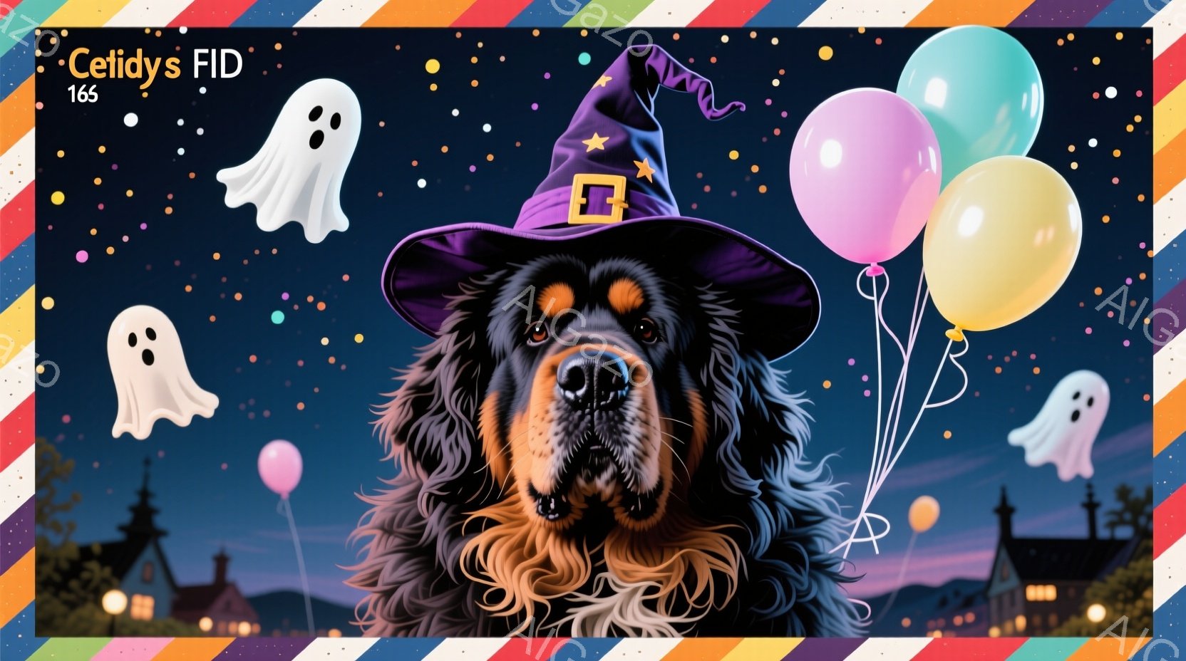 大きな犬がハロウィーンの帽子をかぶり、カラフルな風船をくわえています。背景には、お化けのような幽霊とシルエットで描かれた家々が立ち並び、紫とピンクの夕焼け空が広がっています。 全体的に、かわいらしくて - AI生成フリー素材