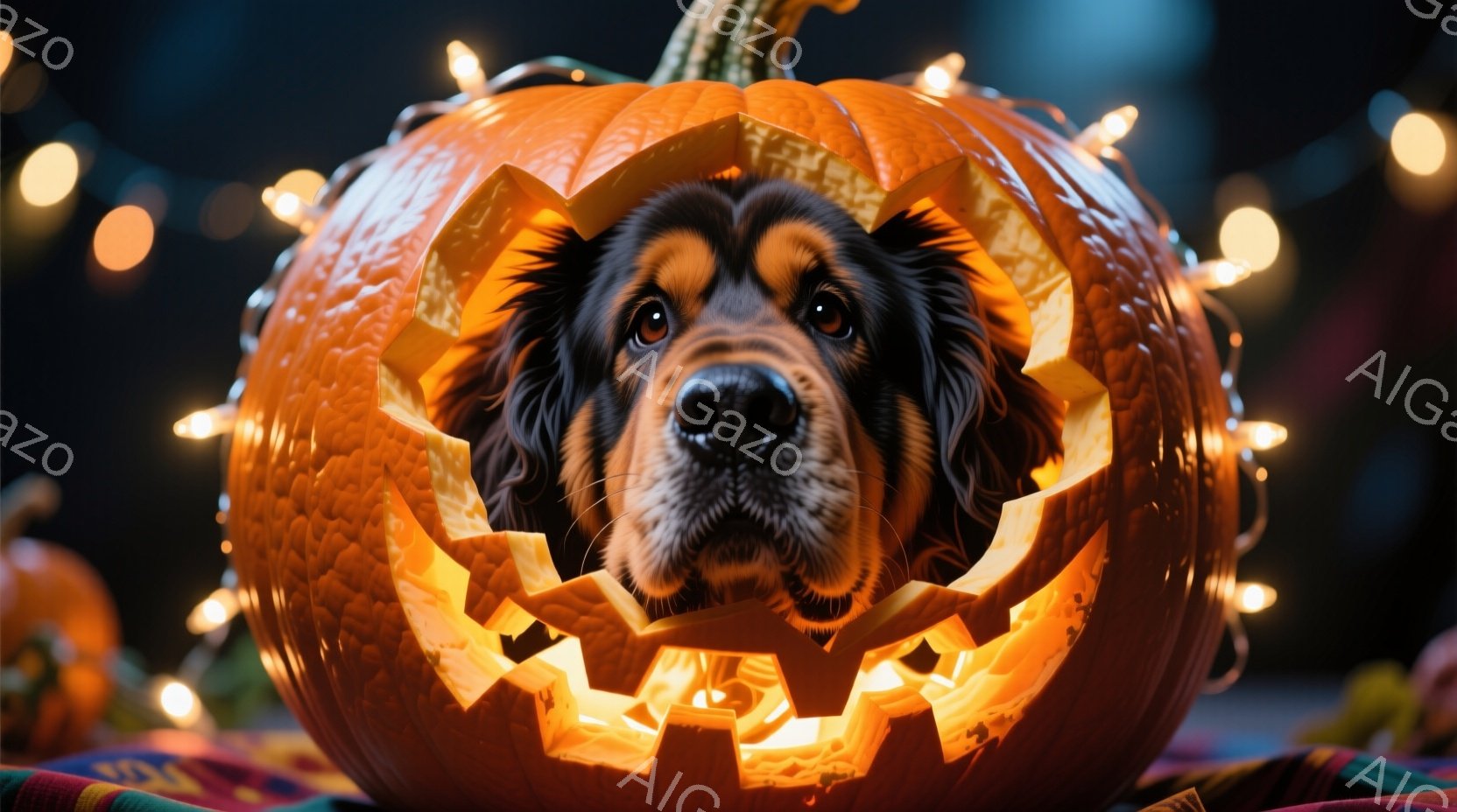 大きなオレンジ色のカボチャの中に、毛むくじゃらの犬が顔を出しています。犬は黒と茶色の毛並みで、少し心配そうな表情をしています。背景にはぼやけたオレンジ色の光が灯り、ハロウィーンの楽しい雰囲気を醸し出し - AI生成フリー素材