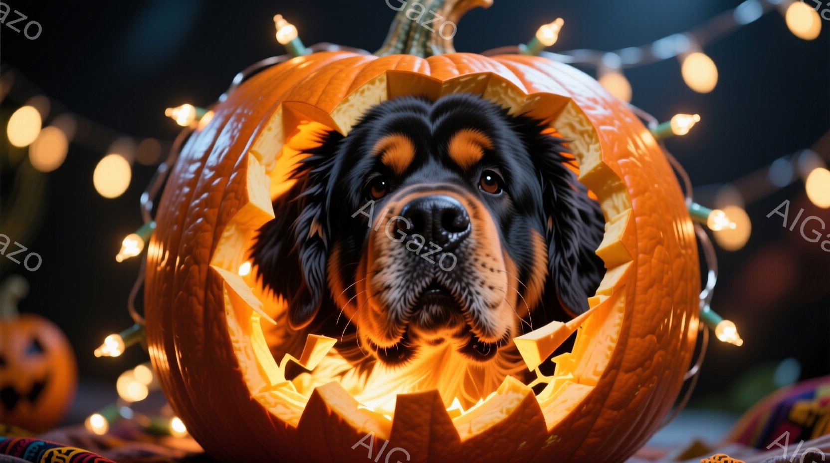 大きなカボチャの中に、黒い毛並みを持つ犬が顔を出しています。犬は前足をカボチャの縁にかけ、少し上目遣いでカメラを見ており、その表情はどこか愛らしく、楽しそうです。背景にはぼんやりとオレンジ色の光が灯り - AI生成フリー素材