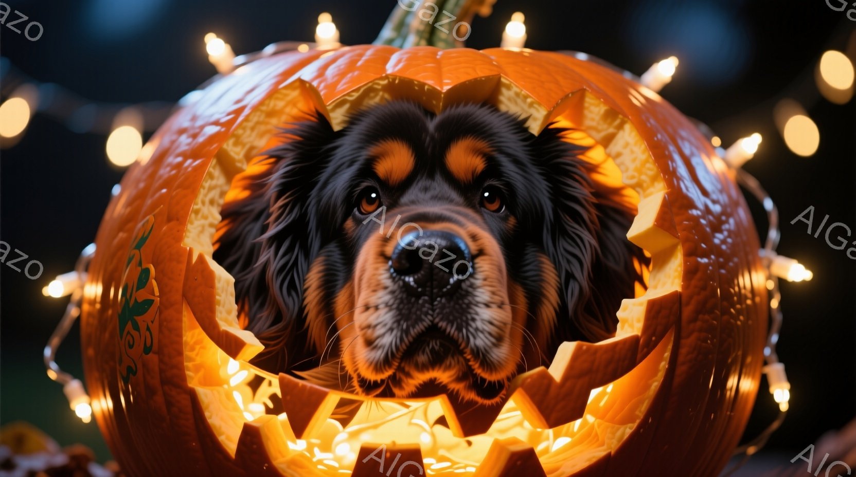 大きく茶色の毛並みを持つ犬が、くり抜かれたハロウィンのカボチャの中に顔を出しています。犬は正面を見つめ、穏やかで優しい表情を浮かべています。背景にはぼやけたオレンジ色の光が散りばめられており、お祝いム - AI生成フリー素材