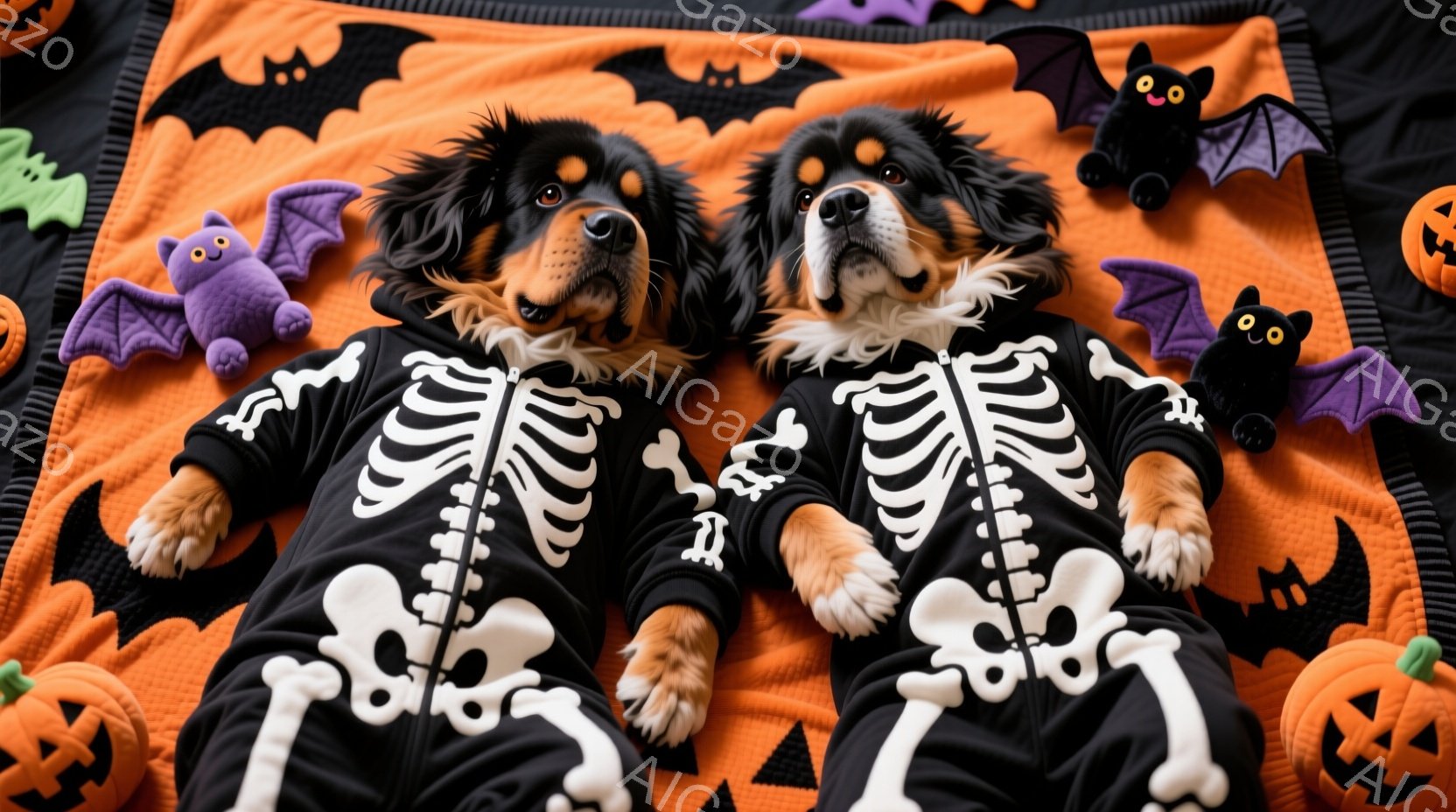 ハロウィーンをテーマにした画像で、２匹の犬が骸骨柄の衣装を着ています。犬たちはオレンジ色の背景に横たわり、片方の犬は少し口を開けて微笑んでいるように見え、もう片方の犬は落ち着いた表情をしています。背景 - AI生成フリー素材
