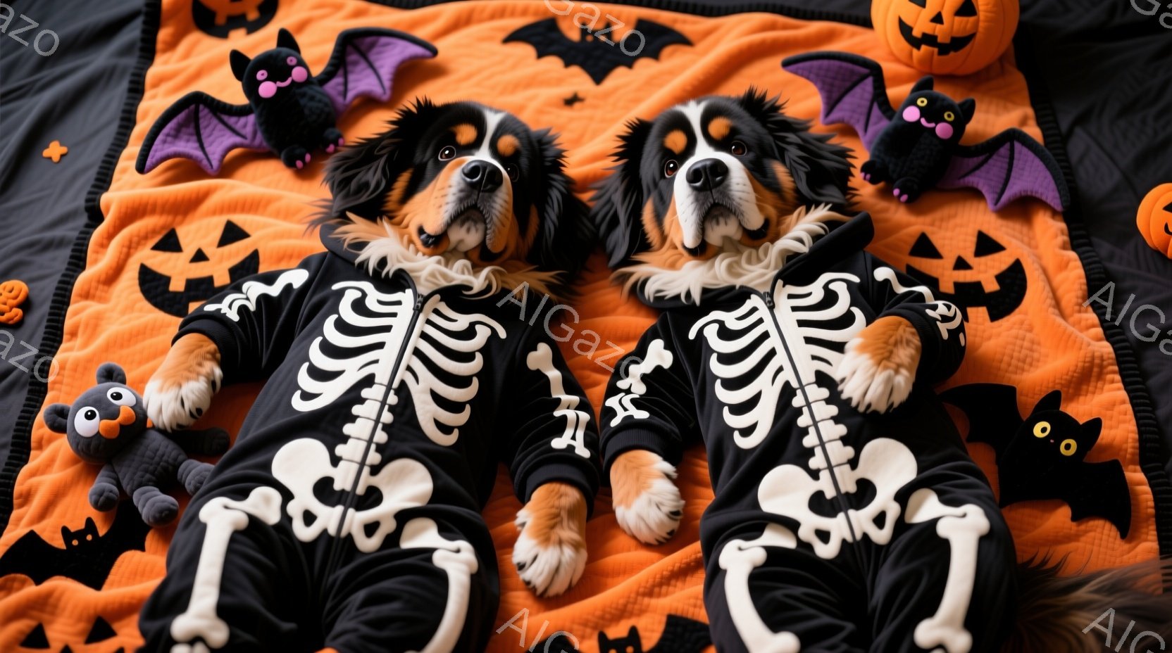 鮮やかなオレンジ色の背景に、骸骨模様の衣装を着た二匹の大型犬が横たわっています。犬たちはリラックスした表情で、まるでハロウィーンの準備を楽しんでいるかのようです。背景には、黒いコウモリやカボチャのおもちゃが散りばめられ、お祝いの雰囲気を盛り上げています。