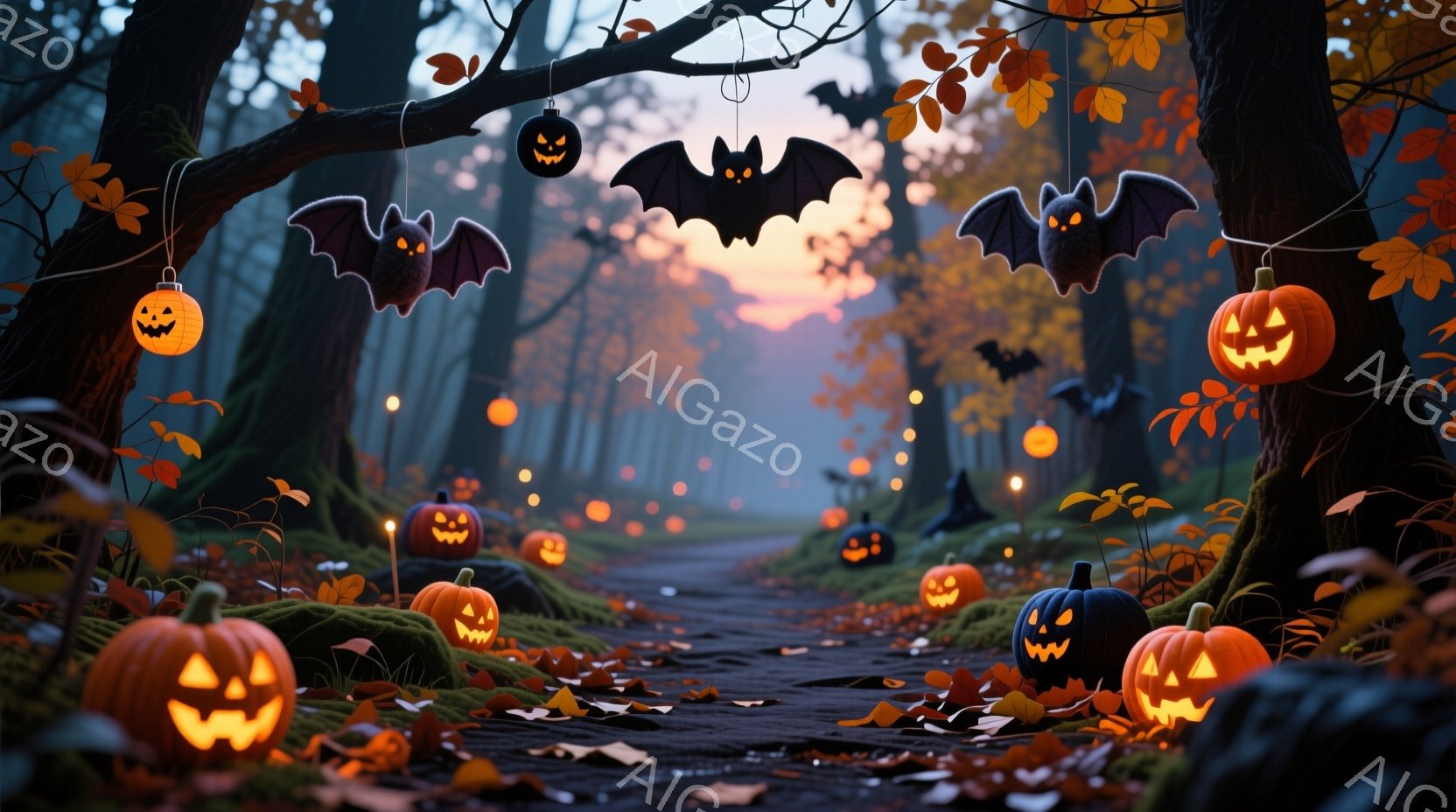 暗い森の小道には、さまざまな大きさのジャック・オー・ランタンが並び、温かい光を放っています。空にはコウモリが舞い、背景は夕焼けのようなオレンジ色の光でぼんやりとしており、ハロウィンの雰囲気を醸し出して - AI生成フリー素材