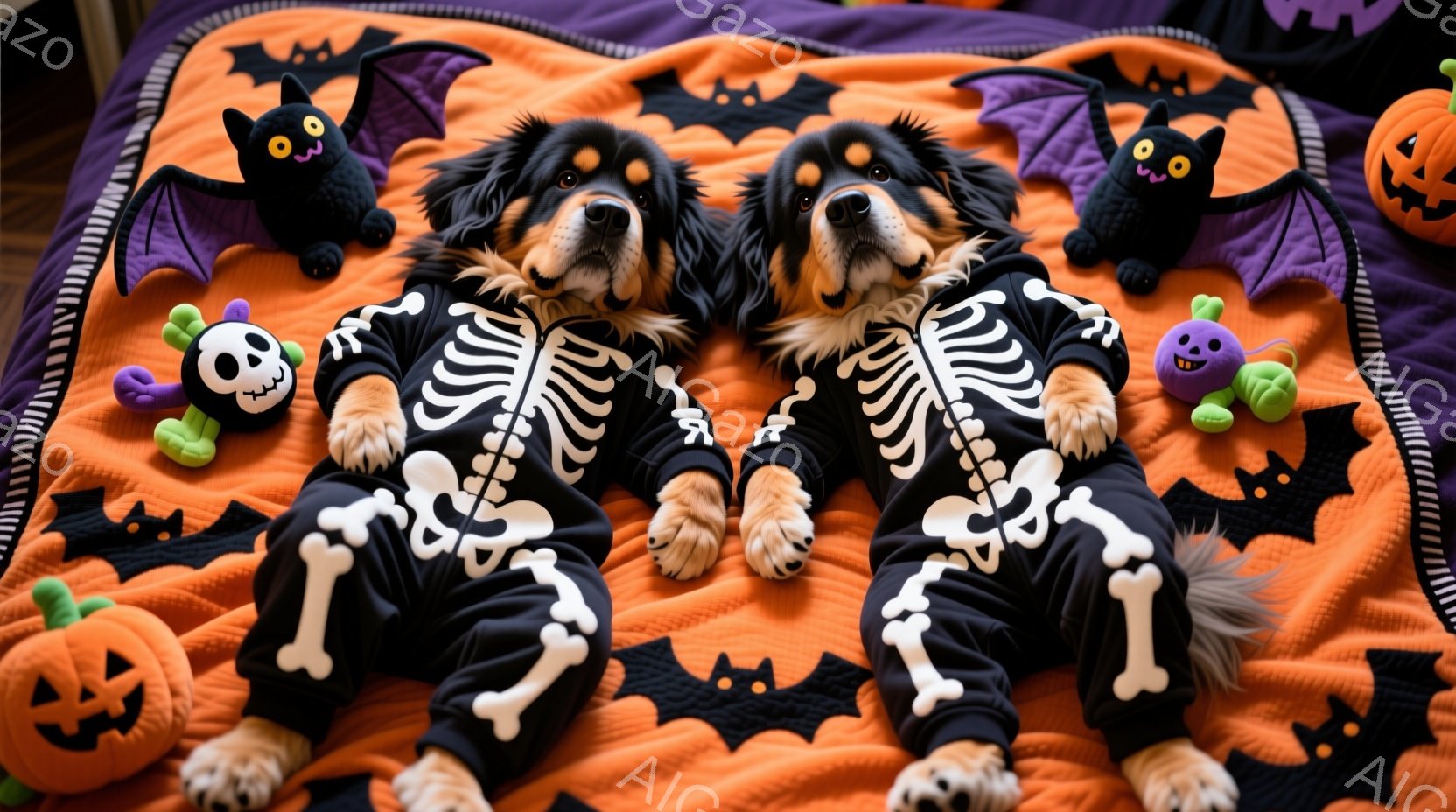 オレンジと紫のハロウィン柄の毛布の上に、骨の模様がプリントされた黒い衣装を着た２匹の犬が横たわっています。犬たちは前足を伸ばし、リラックスした表情でカメラを見つめており、周囲にはカボチャやお化けのぬい - AI生成フリー素材