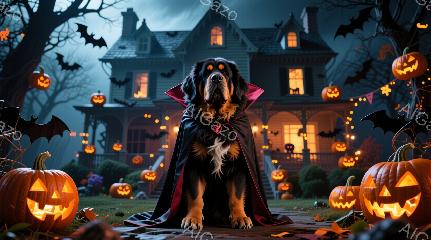 大きな犬がハロウィーンの衣装である黒いマントと赤い襟を身につけて、正面を向いて座っています。背景には、オレンジ色のジャック・オー・ランタンで飾られた、不気味な雰囲気の古い屋敷と、暗い夜空に舞うコウモリが見えます。全体的に、ハロウィーンの夜の奇妙で楽しい雰囲気を醸し出しています。