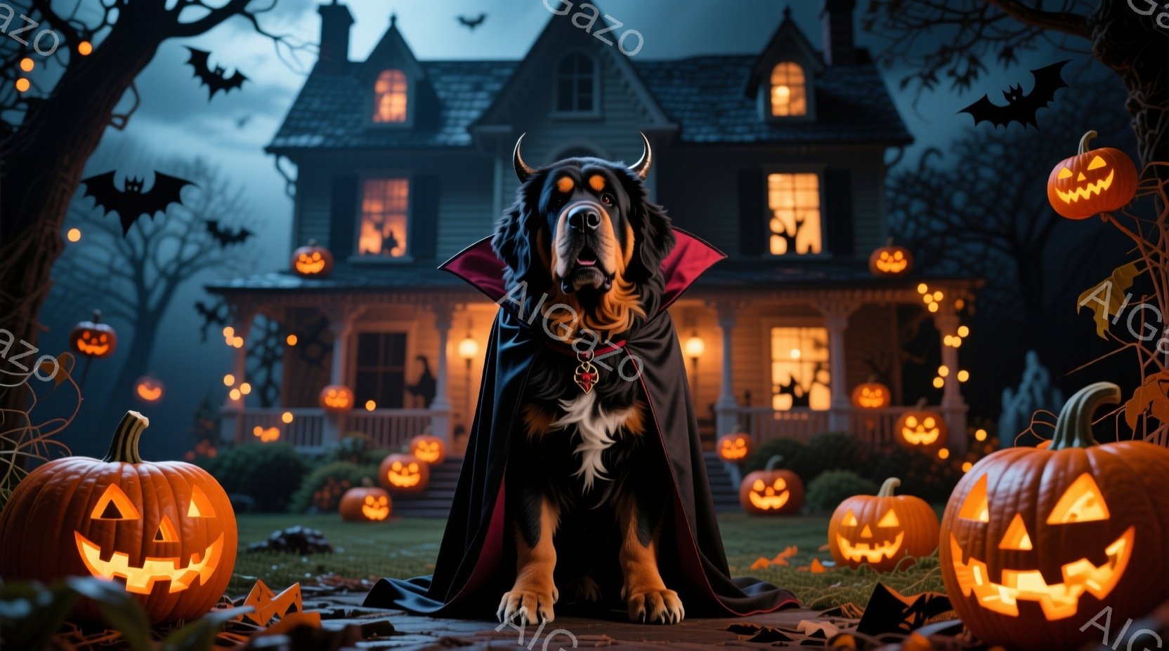 黒と茶色の毛並みを持つ大型犬が、ハロウィーンを彷彿とさせる黒いマントと赤い襟巻を身に着けて座っています。背景には、ジャック・オー・ランタンで飾られた庭と、不気味な雰囲気の古い屋敷が広がっています。夜空 - AI生成フリー素材