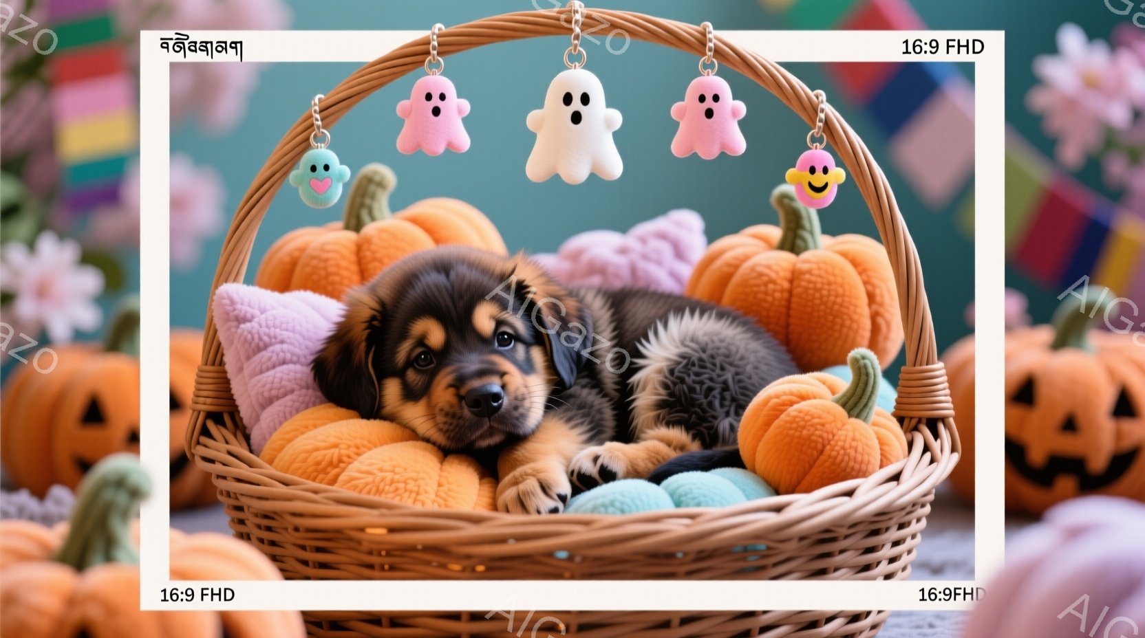 カゴの中に小さな子犬が丸まって眠っています。オレンジ色のフリルの縁取りが施されたふわふわのベッドに包まれ、可愛らしい表情を見せています。背景にはハロウィーンの装飾が施されたカボチャが並び、お祝いムード - AI生成フリー素材