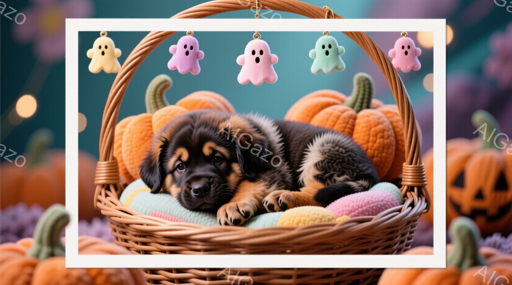 籠の中に可愛らしい子犬が丸まって眠っています。籠の中には柔らかそうなパステルカラーの布が敷かれており、籠の周りにはハロウィンのカボチャや可愛らしいお化けの飾り付けがされています。背景はぼかされており、 - AI生成フリー素材