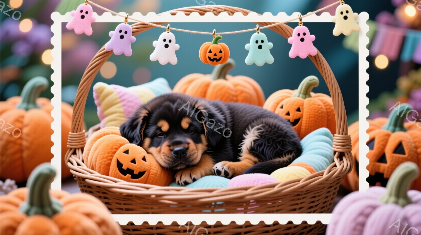 籠の中に黒い子犬が丸まって眠っています。ハロウィーンの飾り付けであるカボチャの形をしたクッションや、お化けのガーランドに囲まれ、暖かく可愛らしい雰囲気です。背景には様々な色のカボチャが散りばめられ、秋 - AI生成フリー素材