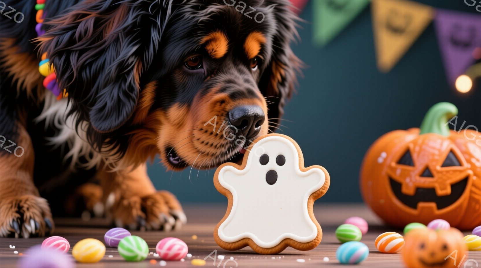 チョコレートと白の毛並みを持つ大型犬が、ハロウィーンのクッキー（幽霊の形）に鼻を近づけています。背景にはカラフルなキャンディーが散りばめられ、彫刻されたジャック・オ・ランタンが置かれています。全体的に - AI生成フリー素材