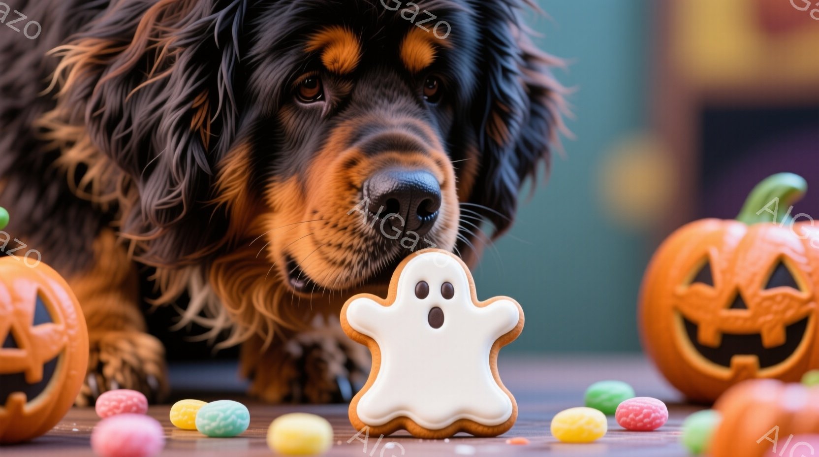 茶色と黒の毛並みの犬が、ハロウィーンのクッキー（お化けの形）の前に座っています。背景には、ジャック・オー・ランタンとカラフルなキャンディが散りばめられており、ハロウィーンの雰囲気が漂っています。犬はク - AI生成フリー素材
