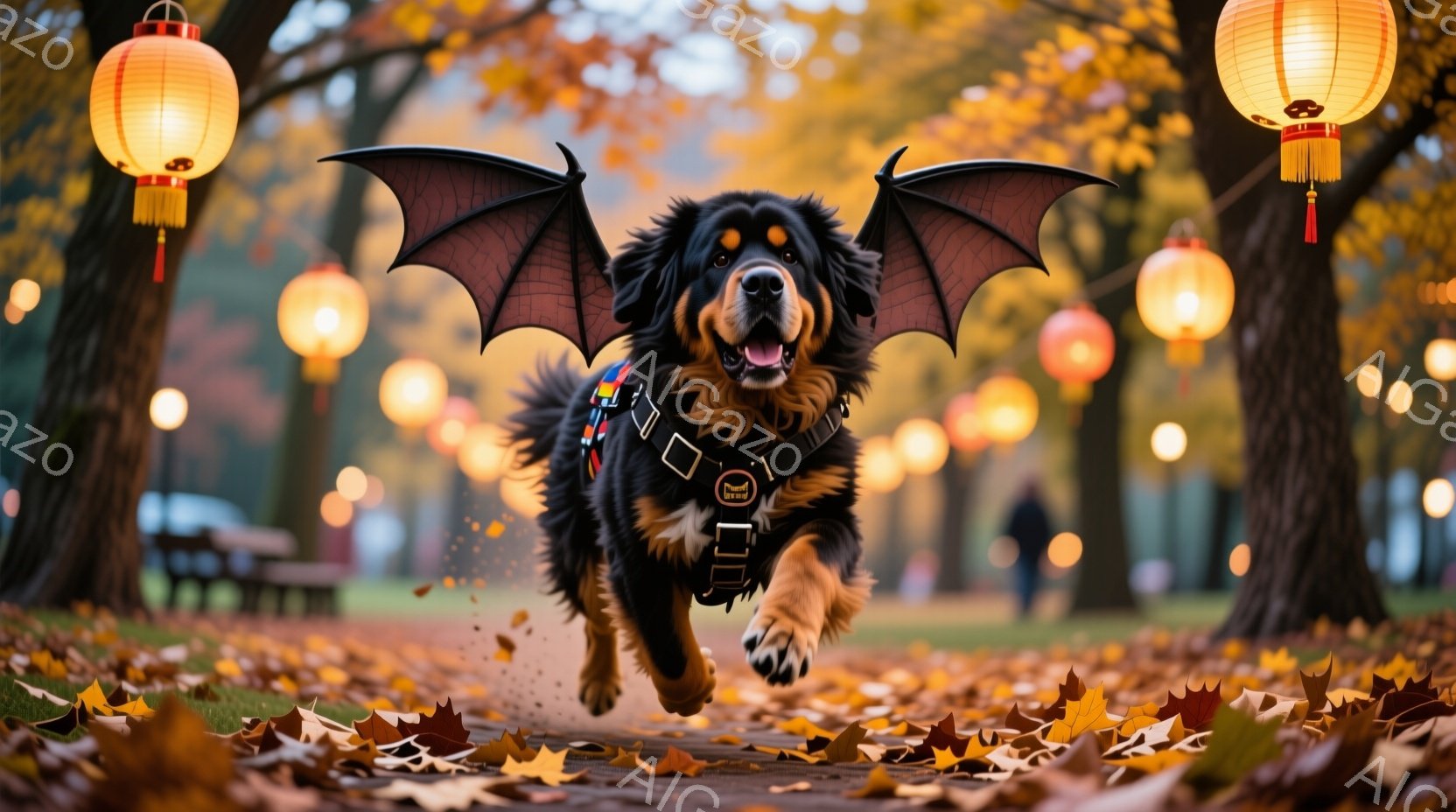 黒い毛並みの大型犬が、ハロウィーンの翼を付けて、公園の遊歩道を勢いよく駆け抜けている。背景には、夕暮れ時の柔らかい光に照らされた木々や、提灯のような光が散りばめられ、落ち葉が舞っている。犬は口を開けて - AI生成フリー素材