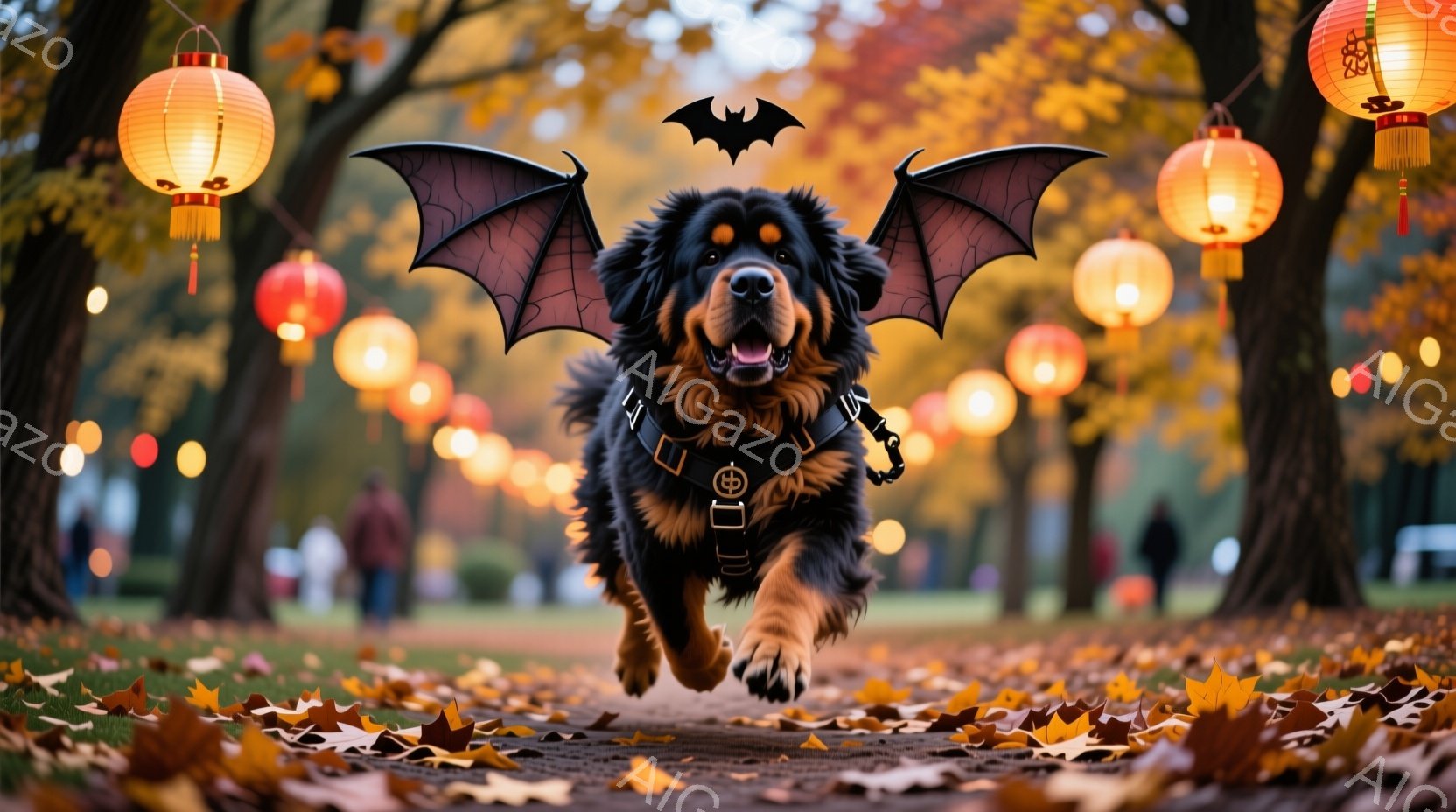 大きな犬が、翼のコスチュームを着て、落ち葉が散る道を走っている。背景には、オレンジ色や黄色の光を放つ提灯が並び、秋の公園の暖かい雰囲気を作り出している。犬は前足を高く上げて活発に走り、楽しそうな表情を - AI生成フリー素材