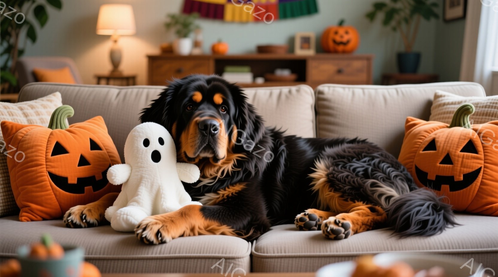 大きな黒い犬が、ハロウィーンのオレンジ色のカボチャのクッションと白いゴーストのぬいぐるみに挟まれて、クリーム色のソファに横たわっています。犬は穏やかな表情で、リラックスした様子で前足を前に伸ばしています。背景には、本棚やハロウィーンの飾りがあり、暖かく居心地の良い雰囲気を醸し出しています。