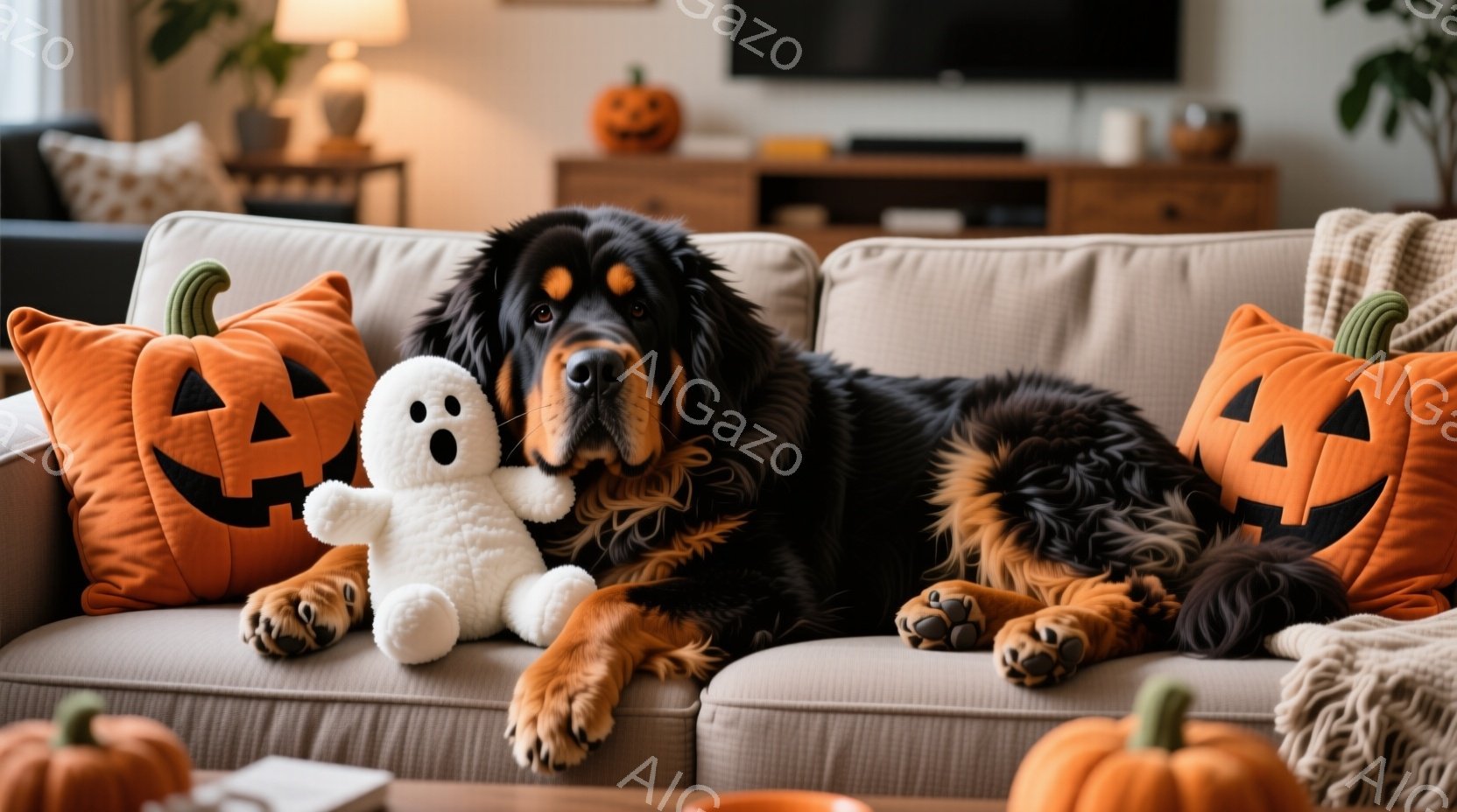 ソファの上には、大きな黒と茶色の犬が横たわっており、ハロウィーンをテーマにしたオレンジ色のジャック・オー・ランタンのクッションと白い幽霊のぬいぐるみに囲まれています。犬はリラックスした表情で、落ち着い - AI生成フリー素材