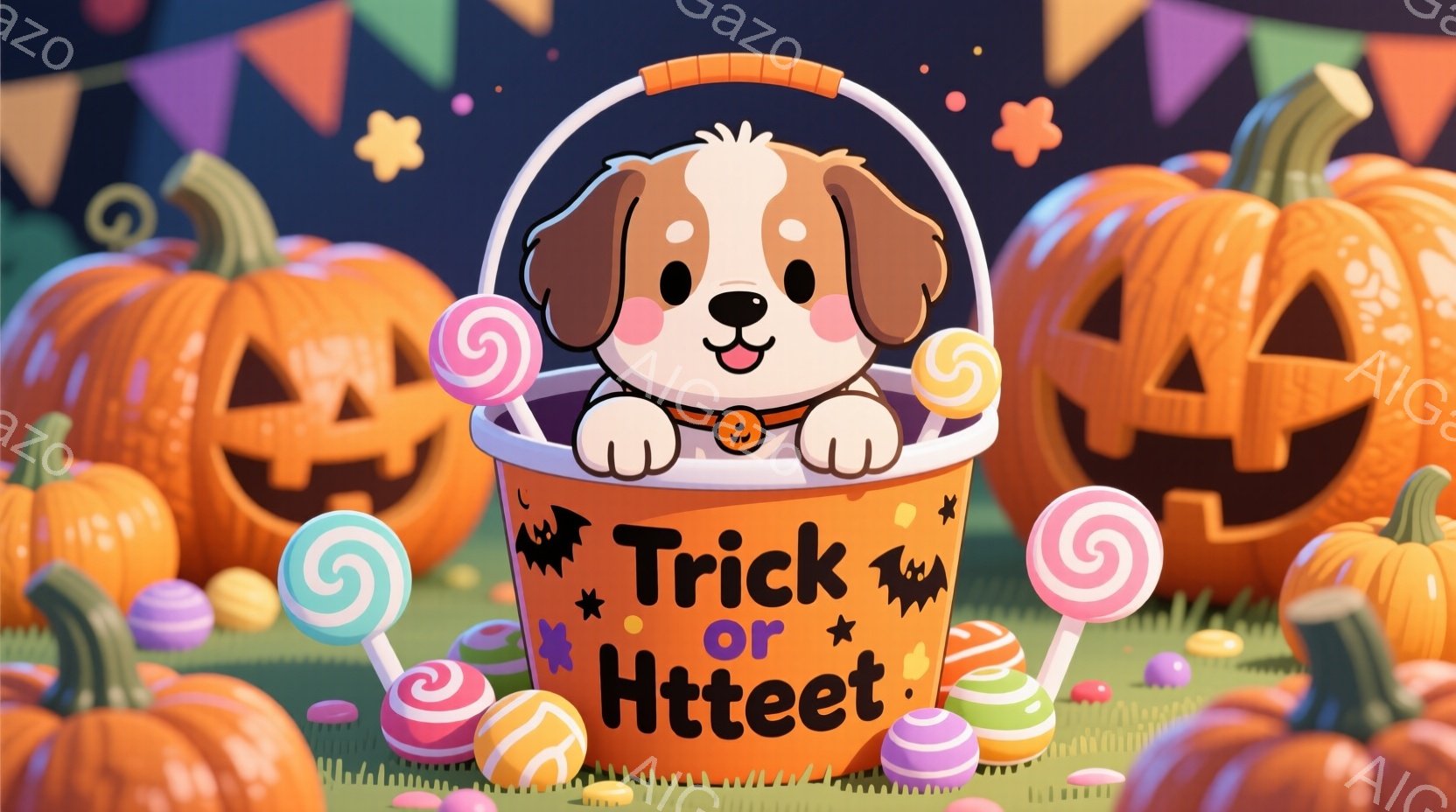 オレンジ色の背景に、ハロウィンのカボチャやキャンディが散りばめられています。バスケットに座っている茶色い子犬は、少し嬉しそうな表情で、トリックオアトリートと書かれたバスケットから顔を出しています。全体的に明るく、お祭り気分を表現した可愛らしいイラストです。