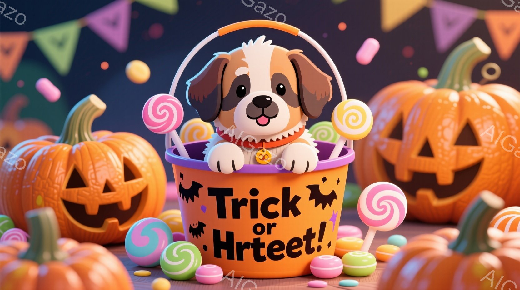 オレンジ色の背景に、ハロウィーンの飾り付けが施された可愛らしい犬が、Trick or Treatと書かれたバケツから顔を出しています。バケツには、色とりどりのキャンディーやロリポップが散りばめられ、周囲にはジャック・オー・ランタンが配置されています。全体的に、明るく楽しいハロウィーンの雰囲気が漂っています。