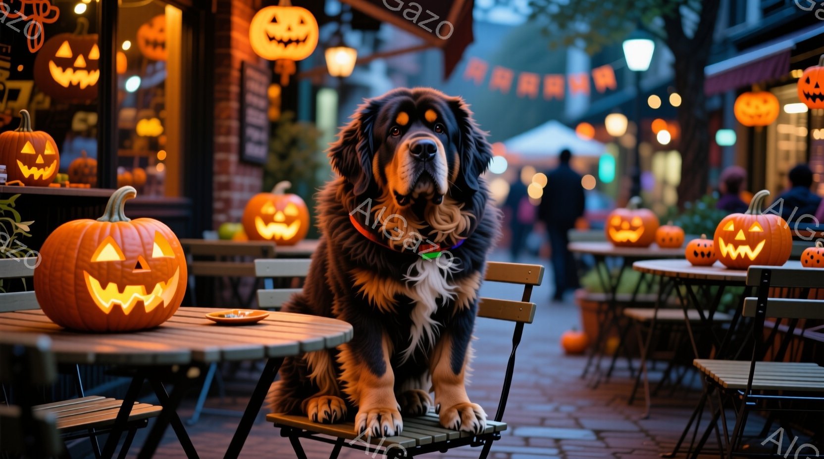 大きな犬が屋外のカフェの椅子に座っており、周囲にはジャック・オー・ランタンが置かれたテーブルが並んでいます。犬は黒と茶色の毛並みで、首輪をつけており、カメラの方を見て少し真剣な表情をしています。背景はハロウィーンの装飾が施された通りで、暗い夜空の下、暖色系の照明が灯り、お祭り気分を醸し出しています。