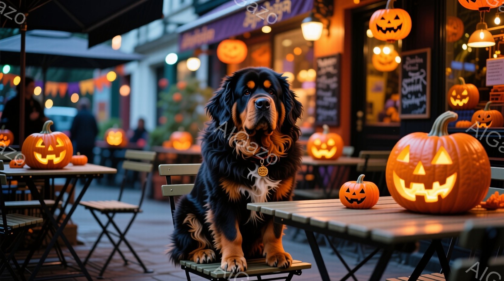ハロウィーンの装飾が施されたカフェのテラス席に、大きなバーニーズマウンテン犬が座っています。犬は落ち着いた表情でカメラを見つめ、首輪にはタグが付いています。周囲には、さまざまな大きさのジャック・オー・ - AI生成フリー素材
