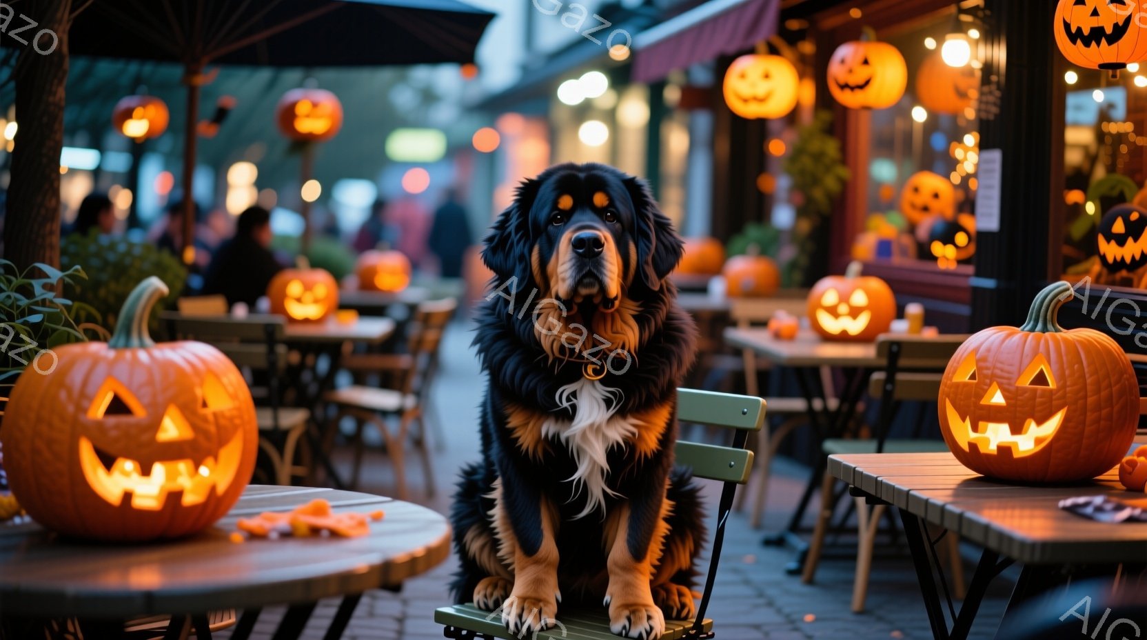 大きな犬が屋外のカフェの椅子に座っており、周囲にはジャック・オー・ランタンが置かれたテーブルが並んでいる。犬は黒と茶色の毛並みで、真剣な表情で正面を見つめている。背景にはぼんやりと建物が見え、全体的に - AI生成フリー素材
