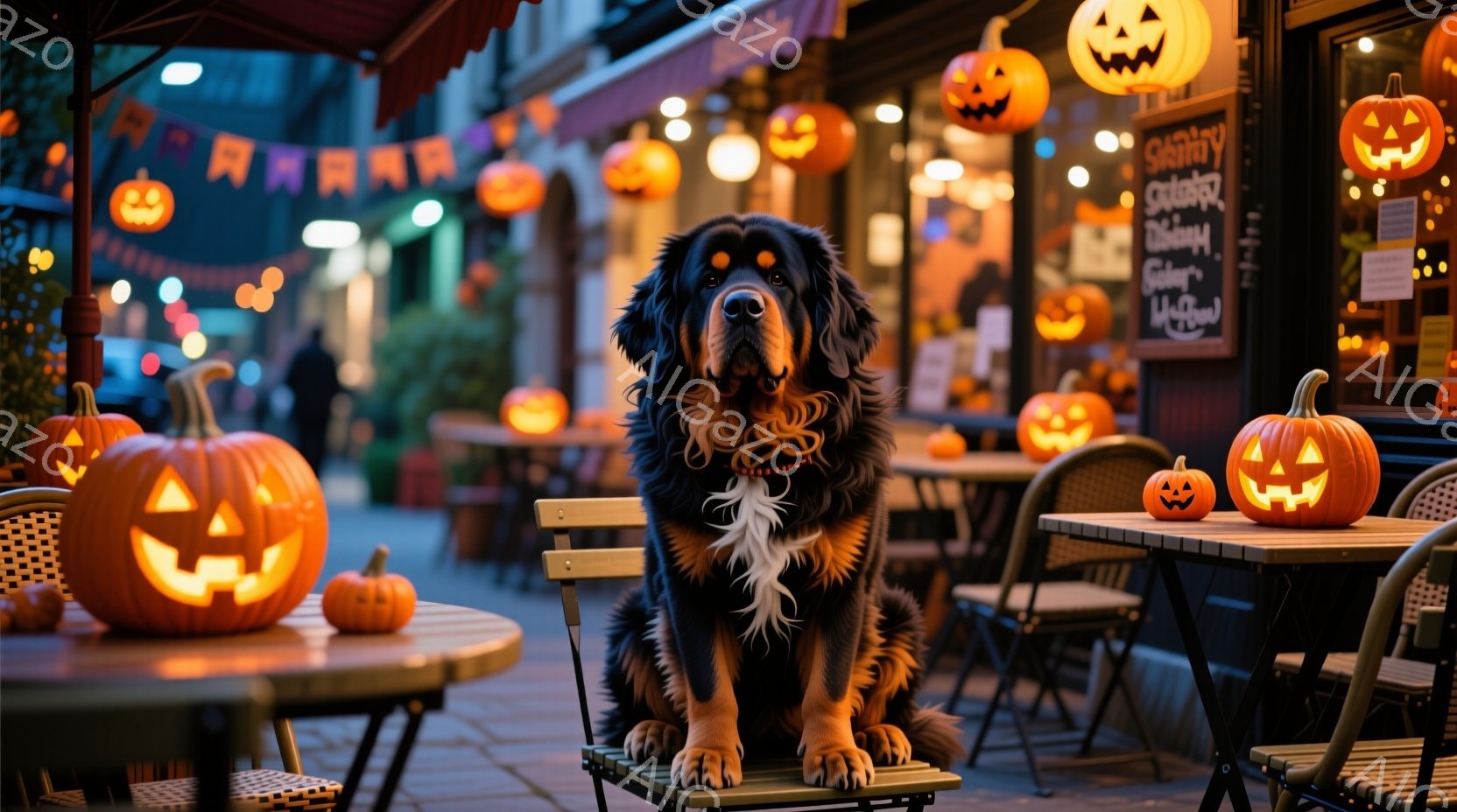 大きな犬が屋外カフェの椅子に座っており、首には赤い首輪をつけています。背景にはハロウィーンの装飾が施された建物や、彫刻が施されたオレンジ色のカボチャが並べられています。全体的に暖色系の照明とハロウィー - AI生成フリー素材