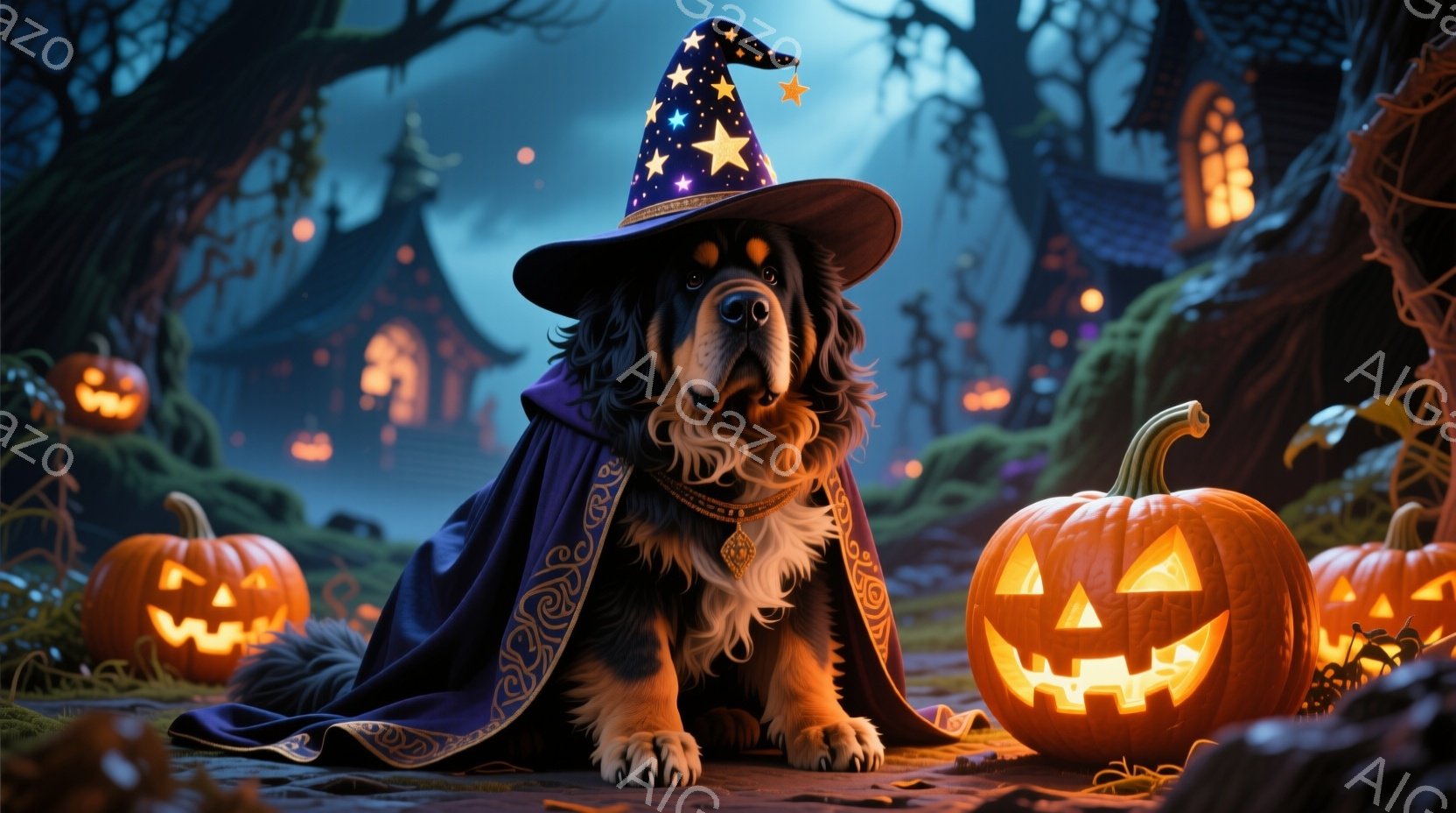 大きな犬が、黒い縁取りのある青い魔法使いのローブと、星が飾られた尖った帽子を身に着けている。犬はまっすぐ前を見て座っており、表情は穏やかで、周囲のジャック・オー・ランタンに囲まれている。背景には、霧の - AI生成フリー素材