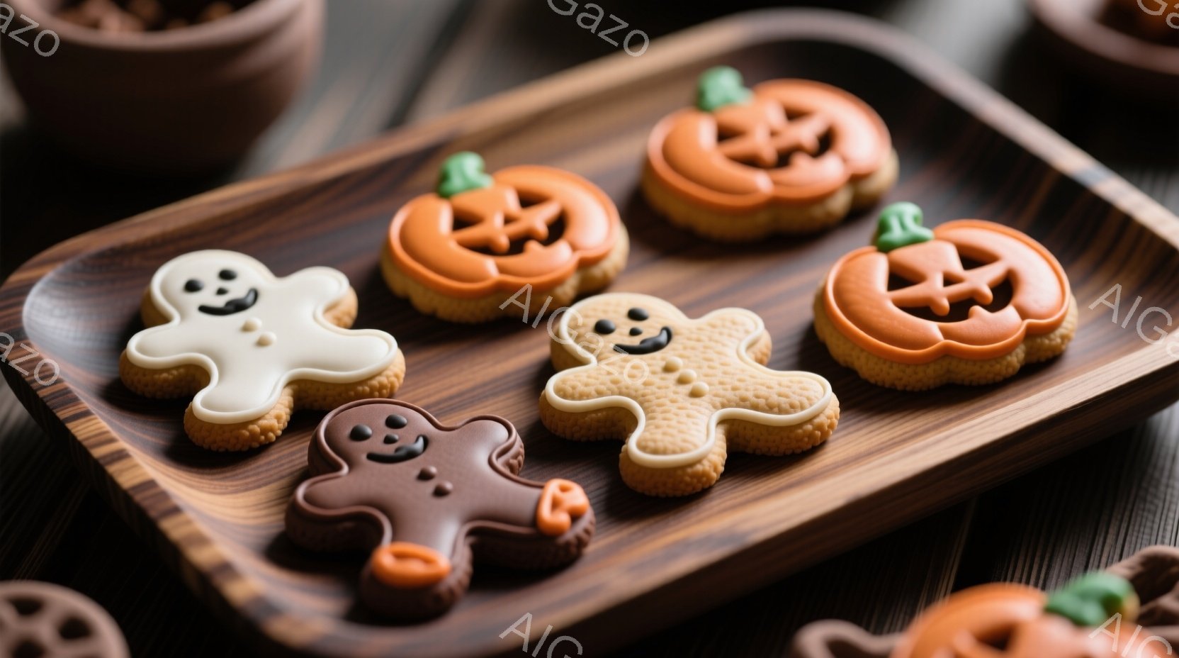 焼き色のついた木製の皿の上に、ハロウィーンをテーマにしたクッキーが並んでいます。おばけ、ジンジャーブレッドマン、ジャック・オー・ランタンの形をしており、それぞれに可愛らしい顔が描かれています。背景には - AI生成フリー素材