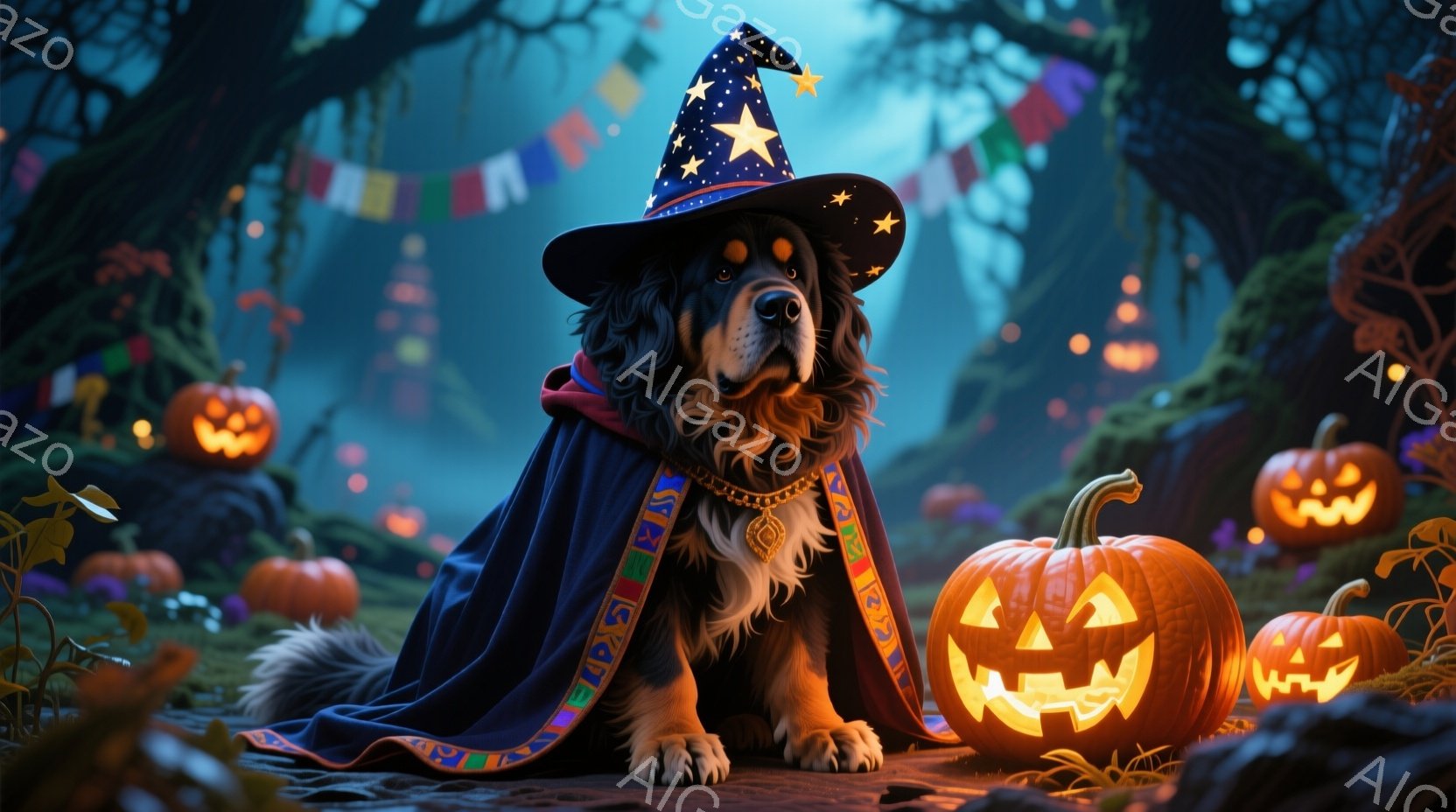 長毛の犬が、紫色のローブと星柄の帽子を身につけ、ハロウィーンの魔術師のように座っています。背景には、さまざまな表情で光るジャック・オー・ランタンと、霧のかかった不気味な森が広がっており、ハロウィーンの雰囲気を醸し出しています。犬は正面を見据え、穏やかで優しい表情を浮かべており、お祝いの雰囲気をさらに高めています。