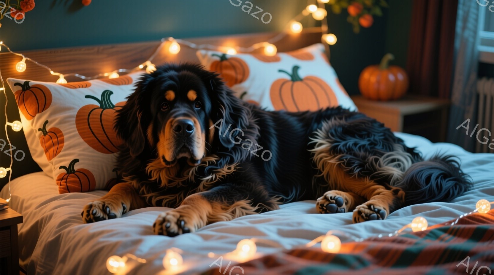 大きな犬がベッドに横たわっており、リラックスした表情をしています。背景にはハロウィーンを連想させるカボチャ柄の枕や装飾が置かれ、温かい光のイルミネーションが灯っています。全体的に秋らしい、落ち着いた温 - AI生成フリー素材