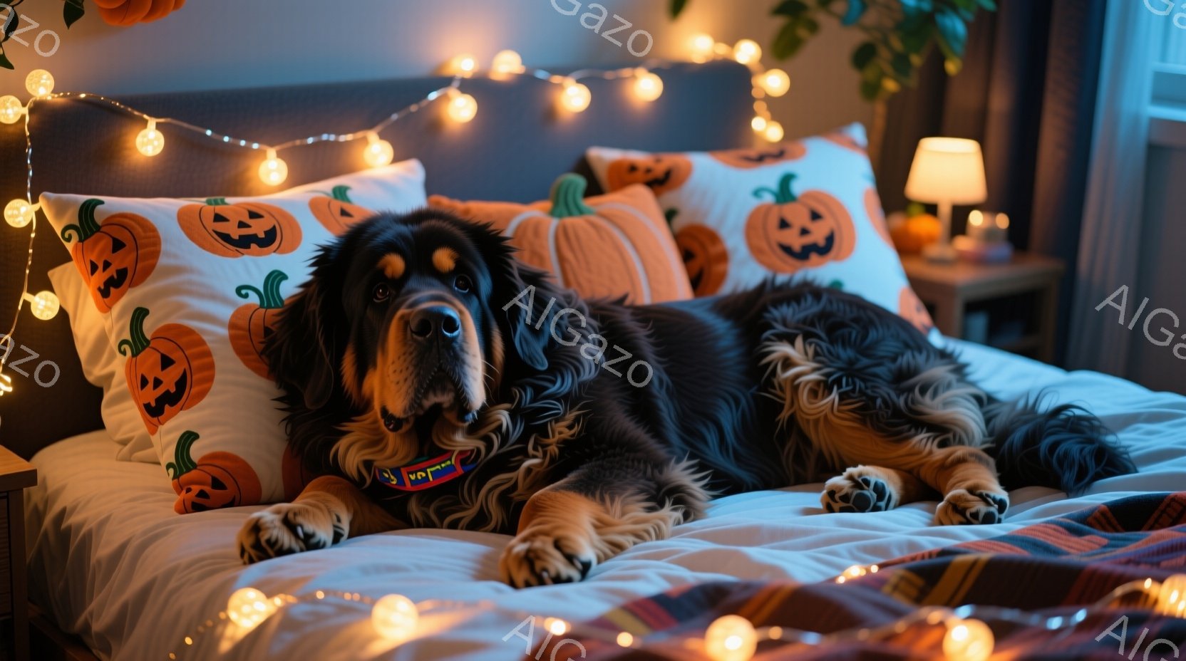大きな犬がベッドの上で横たわっています。ハロウィーンを意識したカボチャ柄の枕が犬の周りに置かれ、ベッドにはオレンジと白の毛布が掛かっています。背景には、ぼんやりと見える家具と、暖色系のライトが飾られて - AI生成フリー素材