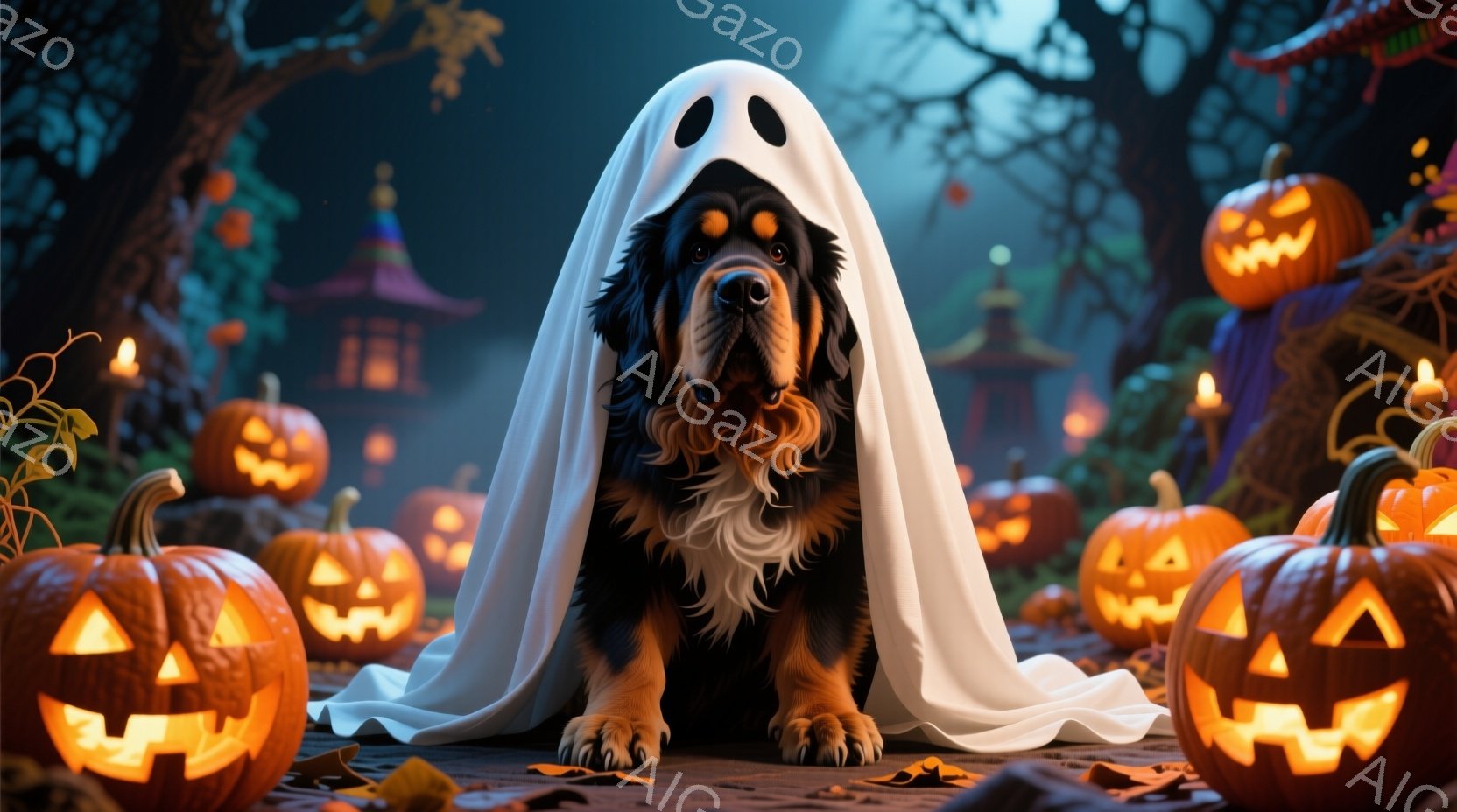 黒と茶色の毛並みの大型犬が白い幽霊の衣装をまとって座っています。背景には、さまざまな表情をしたたくさんのジャック・オー・ランタンが並び、遠くには不気味な建物が見え、ハロウィーンの夜の不気味な雰囲気を醸 - AI生成フリー素材