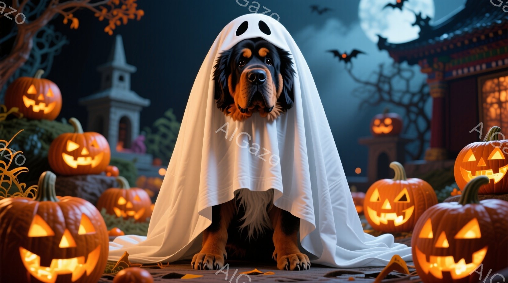 黒い毛並みの犬が白い布をまとい、ハロウィーンの幽霊の仮装をしています。背景には、明るく照らされたジャック・オー・ランタンがいくつか配置され、遠くにはシルエットの建物とコウモリが舞う暗い空が広がっていま - AI生成フリー素材