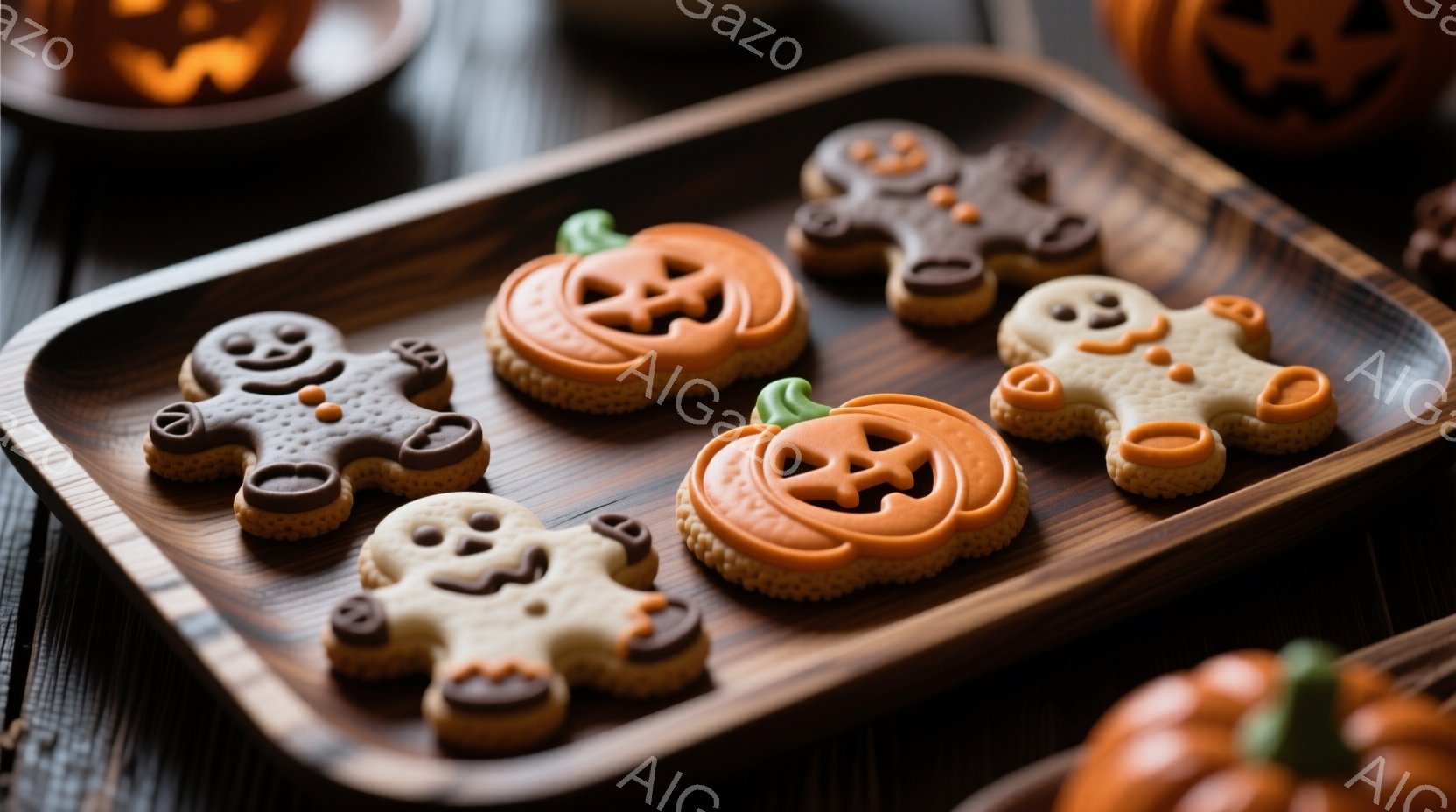 チョコレート色、オレンジ色、ベージュ色のクッキーが、木製のトレイの上に整然と並べられています。クッキーはハロウィーンをテーマにしており、それぞれお化けやカボチャの形をしています。背景には、オレンジ色の - AI生成フリー素材