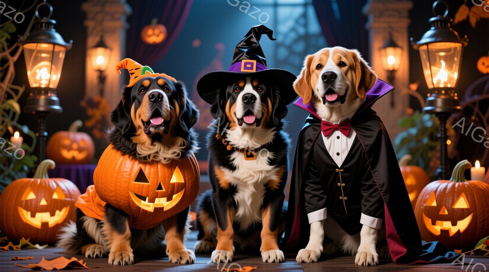 三匹の犬がハロウィーンの飾り付けの中で座っています。左の犬はカボチャの帽子をかぶり、真ん中の犬は魔女の帽子を、右の犬は吸血鬼の衣装を着ています。背景には、点灯したジャック・オ・ランタンと、薄暗い光の中 - AI生成フリー素材