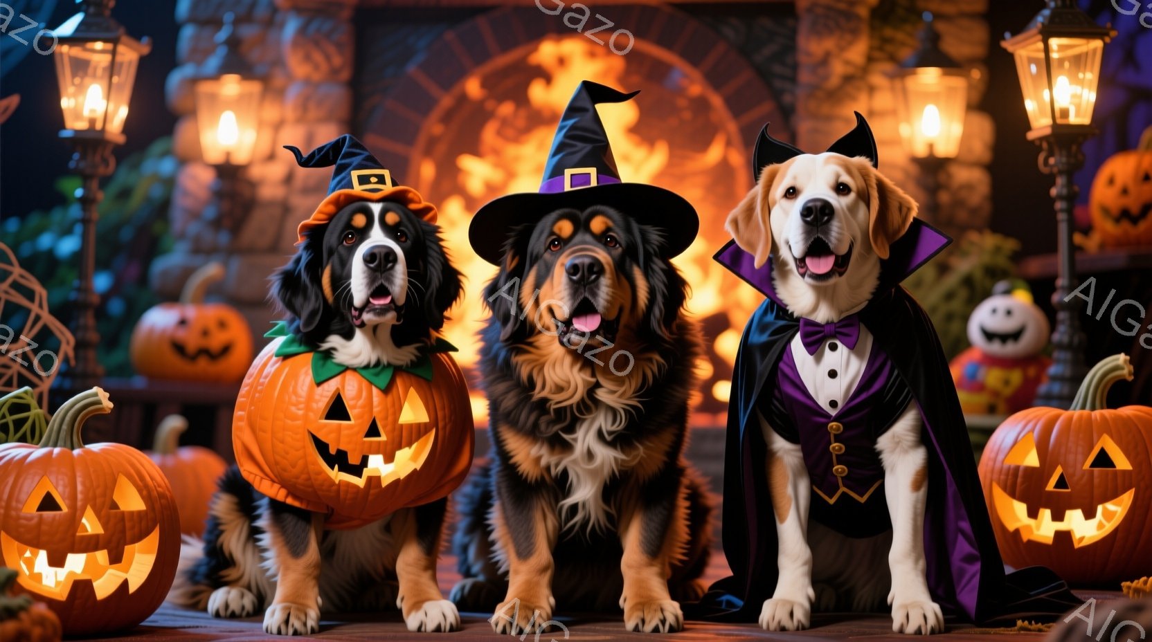 ハロウィーンの飾り付けがされた背景に、3匹の犬がそれぞれ異なる仮装をして座っています。左の犬はカボチャの衣装、中央の犬は魔女の帽子をかぶり、右の犬は吸血鬼のケープとよだれかけをつけています。全体的に、 - AI生成フリー素材