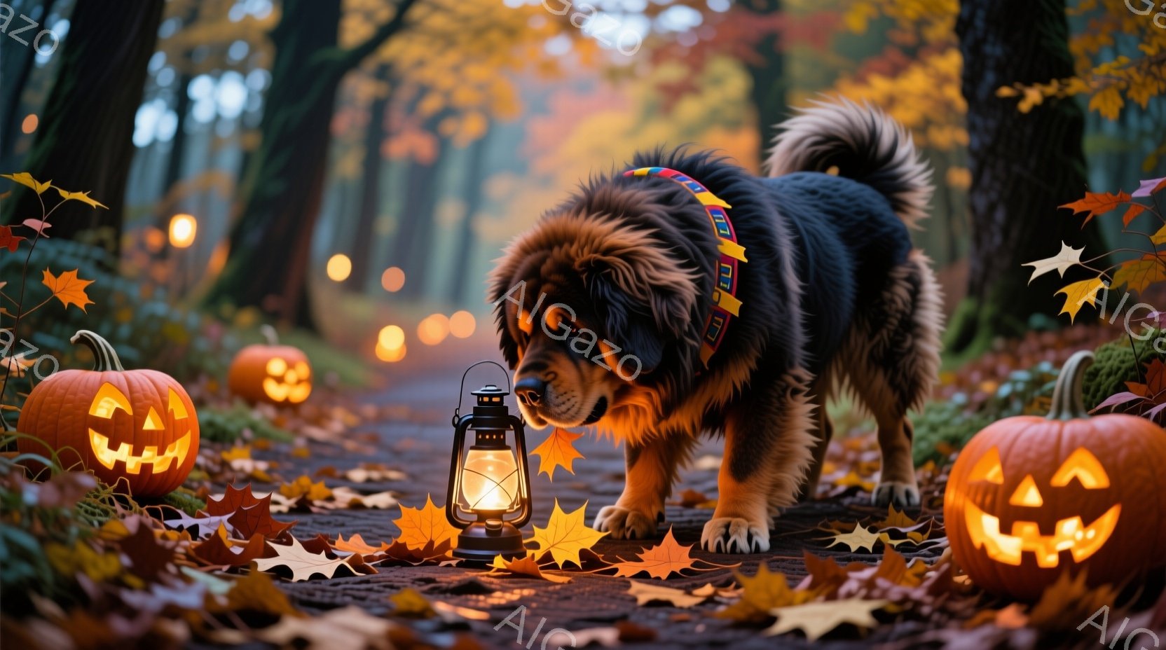長い毛並みを持つ大きな犬が、落ち葉が敷き詰められた森の小道を歩いている。犬はカラフルな首輪を付けており、前方を少し見つめるような姿勢で、道の脇に置かれたジャック・オー・ランタンと灯籠の周りを照らす暖か - AI生成フリー素材