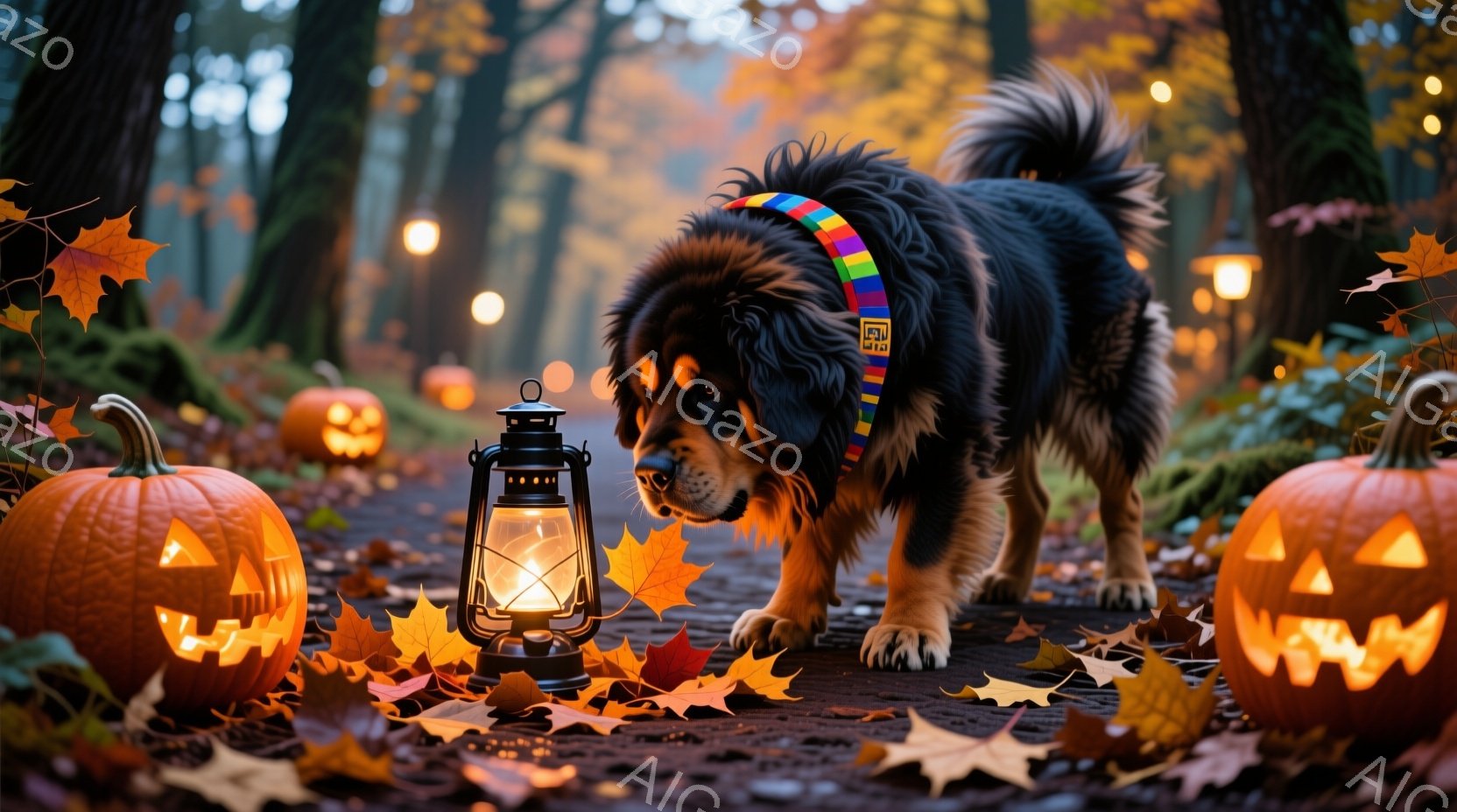 巨大な黒い犬が、散らばる紅葉とハロウィーンの飾り付けられたカボチャに囲まれた森の小道を歩いています。犬は虹色の首輪をつけ、鋭い視線で何かを見つめており、周囲の明るいカボチャと提灯が秋の夜の幻想的な雰囲 - AI生成フリー素材