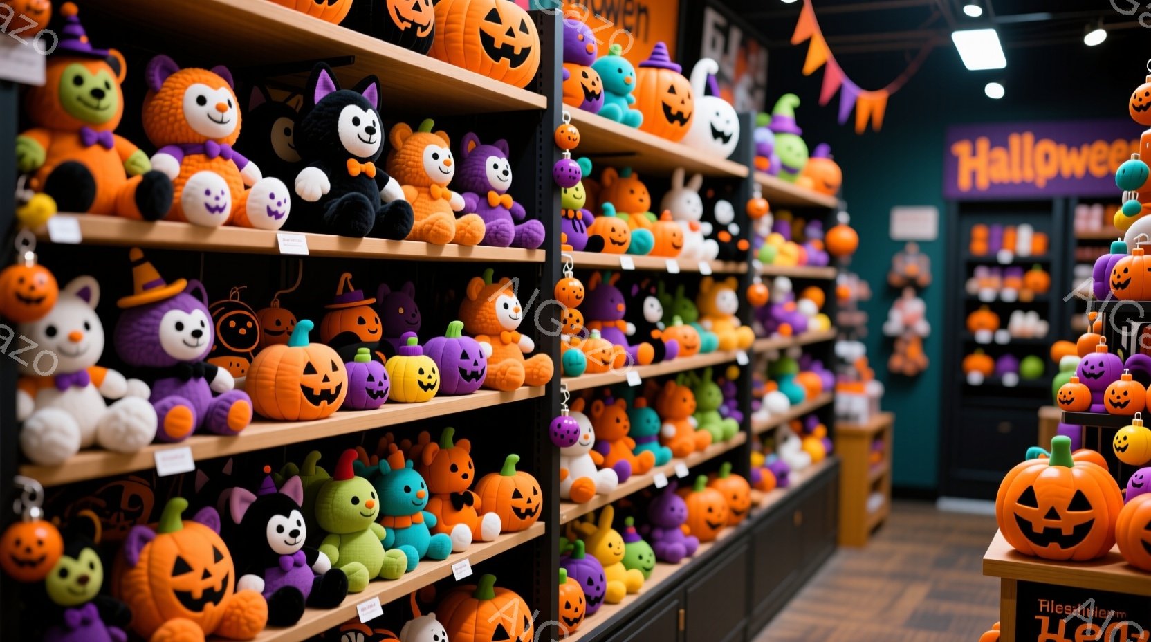 ハロウィーンの装飾が施された店内で、オレンジ、紫、緑色のカボチャや猫のぬいぐるみたちが整然と並んでいます。ぬいぐるみはそれぞれ愛らしい表情をしており、一部にはハロウィーンらしい帽子やリボンが飾られています。背景には、ハロウィーンのバナーや他の装飾が見え、全体的に楽しく、お祭り気分を盛り上げる雰囲気です。