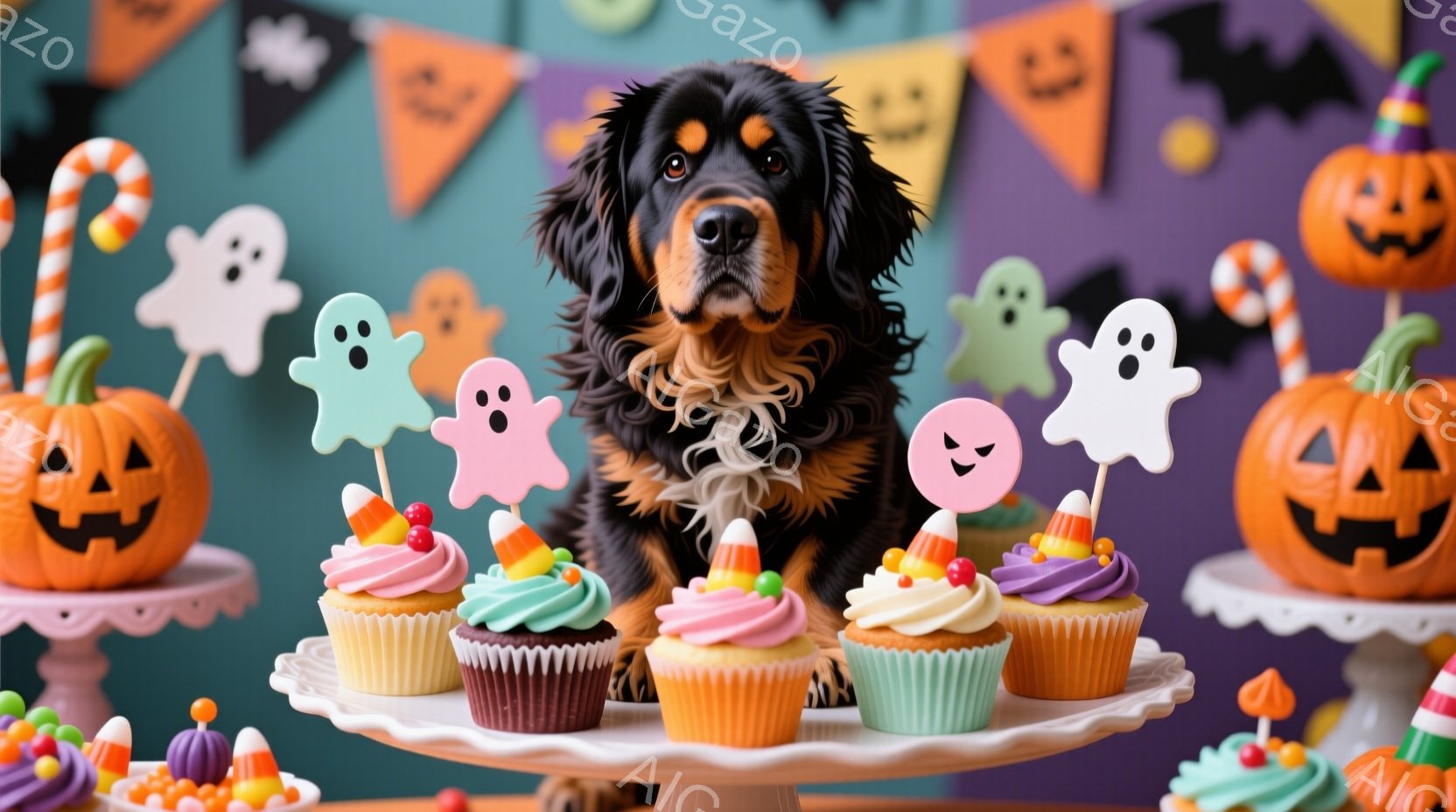 ハロウィーンをテーマにした可愛らしい写真です。茶色と黒の毛並みを持つ犬が、カラフルなカップケーキが並んだケーキスタンドの前に座り、正面を見て穏やかな表情をしています。背景にはハロウィーンの飾り付けが施 - AI生成フリー素材