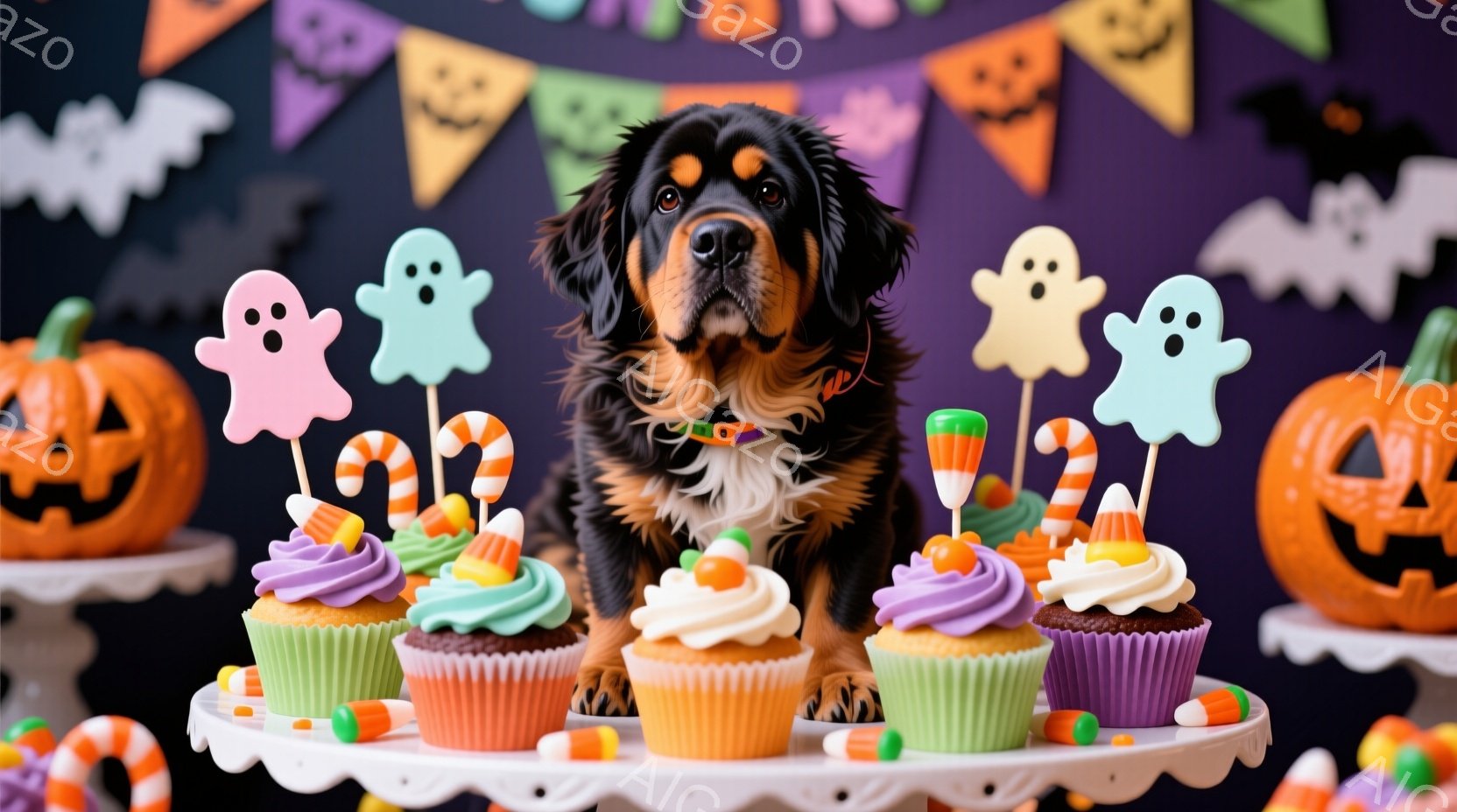 大きな犬が、ハロウィーンの飾り付けられた背景の前で、カップケーキが並んだケーキスタンドの前に座っています。犬はオレンジ色の首輪をつけており、穏やかで優しい表情をしています。背景には、カボチャのランタン、お化けの飾り、キャンディケーンが飾られたカップケーキがあり、全体的に温かく楽しいハロウィーンの雰囲気を醸し出しています。