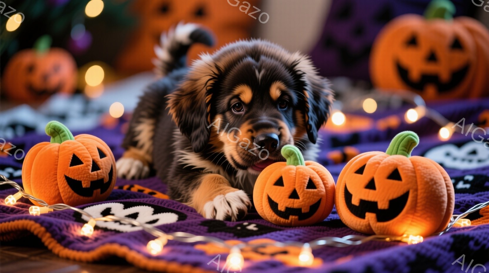 紫色のハロウィン柄の毛布の上に横たわった小さな子犬が写っています。子犬は茶色と黒の毛並みで、つぶらな瞳でカメラを見つめており、口を少し開けています。周囲にはジャック・オ・ランタン型の小さな飾りと、オレ - AI生成フリー素材