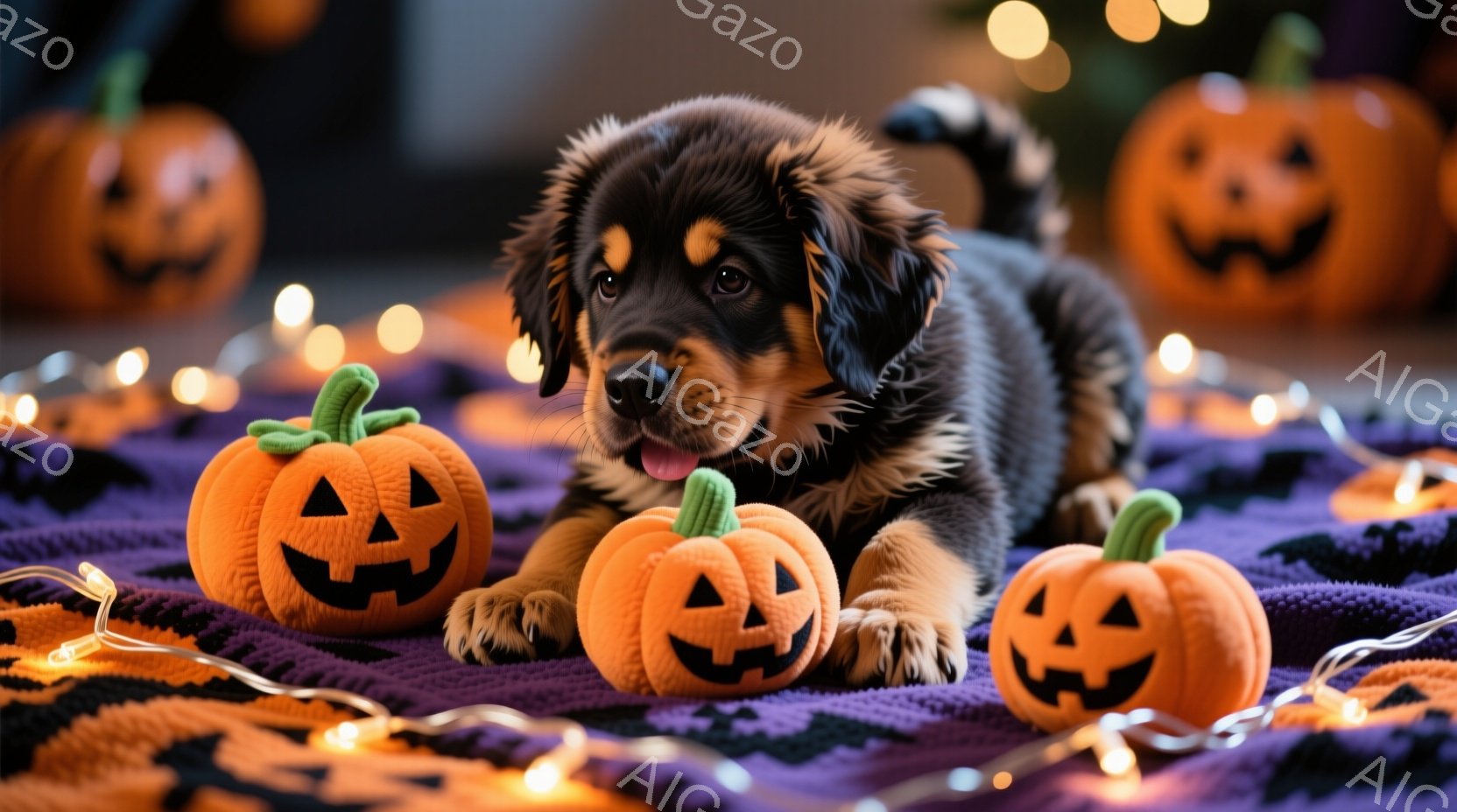 可愛らしい子犬が紫色の毛布の上に横たわり、オレンジ色のハロウィーンの飾りカボチャに囲まれています。子犬は口を開けて舌を出し、楽しそうな表情をしています。背景にはぼんやりとした光が灯り、暖かく楽しいハロウィーンの雰囲気を醸し出しています。